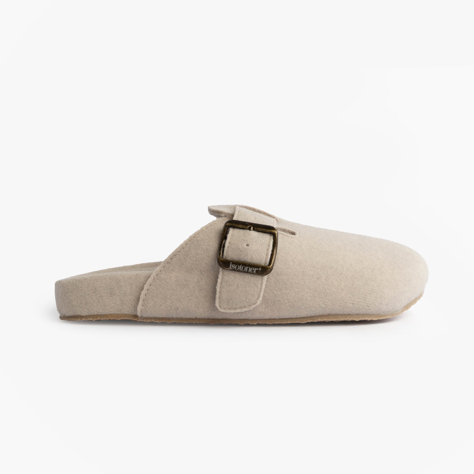 Totes Isotoner FELT CLOG Womens Clog Mule Slippers Oatmeal side view of the slip-on slippers with buckle.