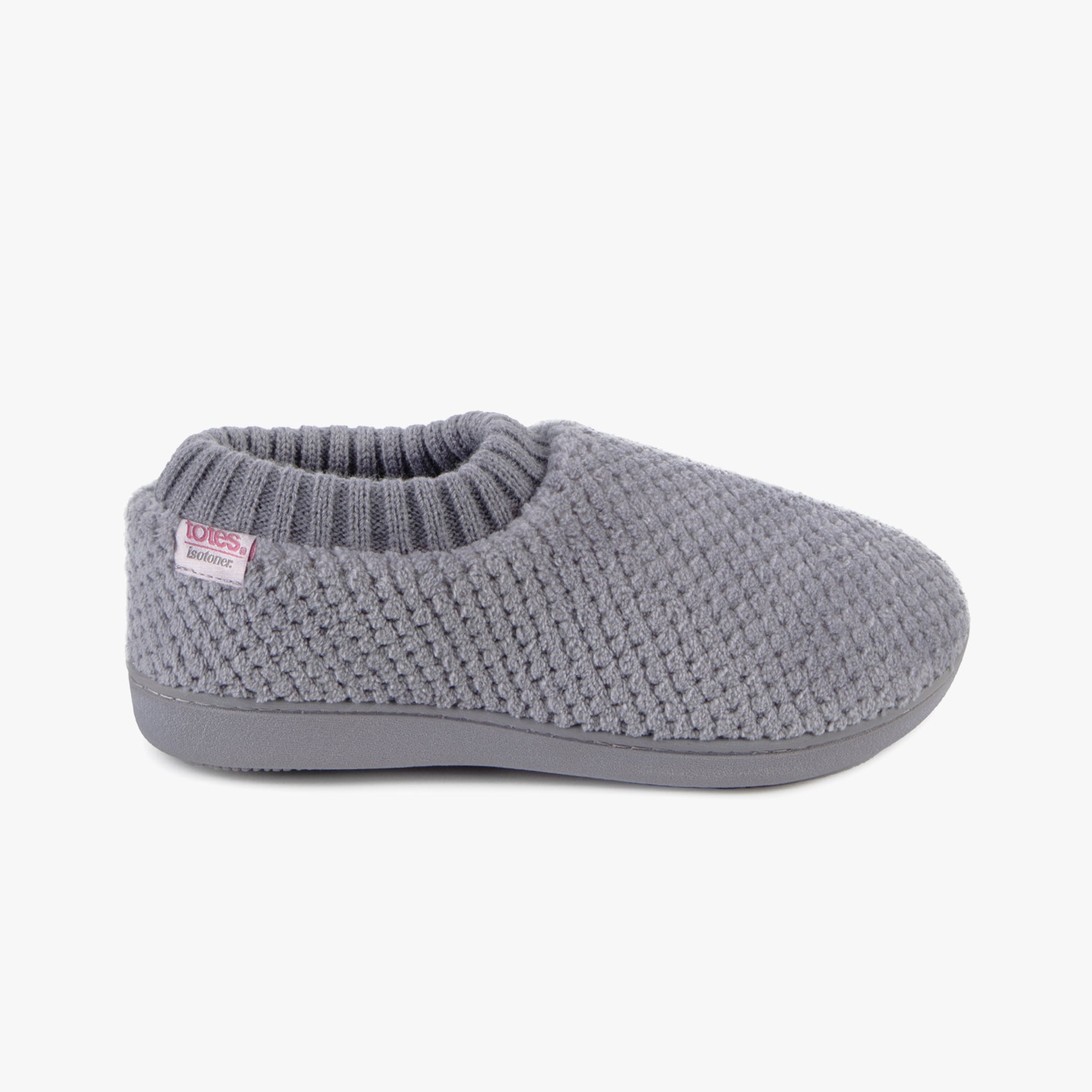 Totes Isotoner POPCORN FULL BACK BOOTIE Womens Slippers Grey side view showing textured upper and slip-on design.