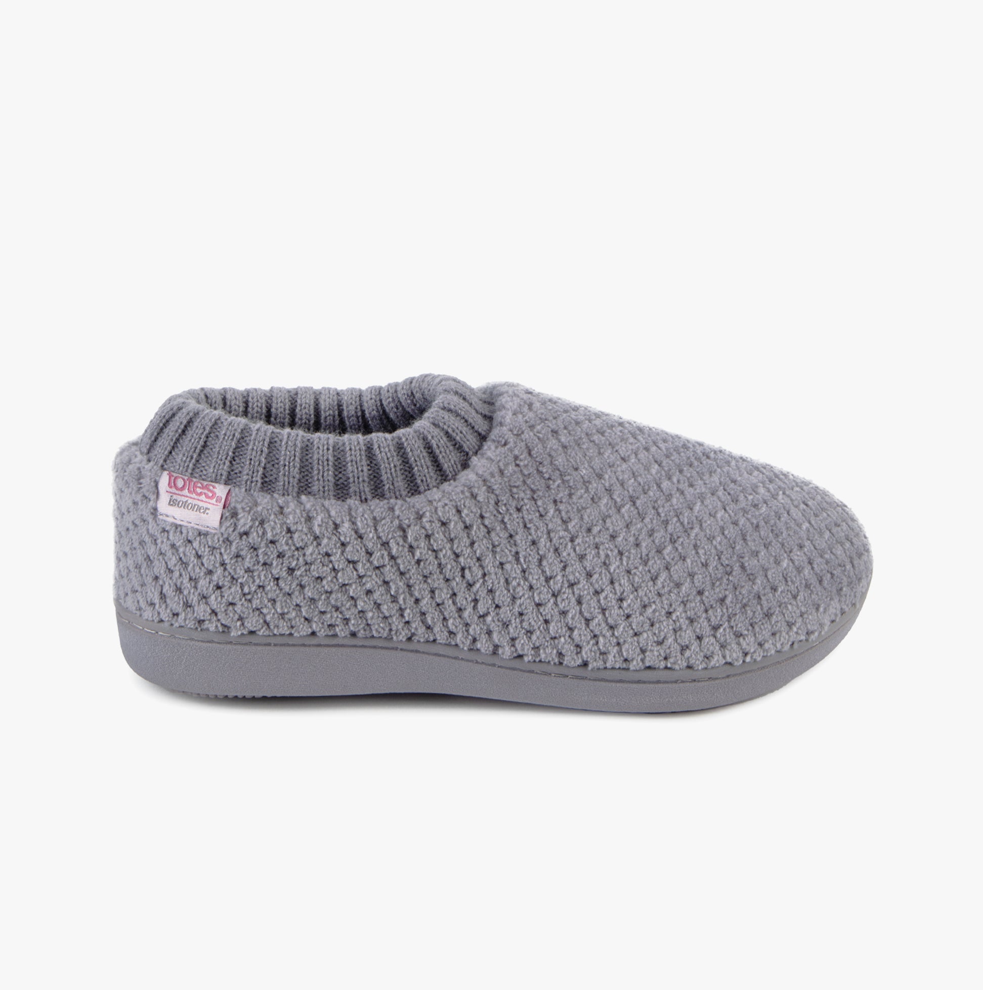 Totes Isotoner POPCORN FULL BACK BOOTIE Womens Slippers Grey side view showing textured upper and slip-on design.