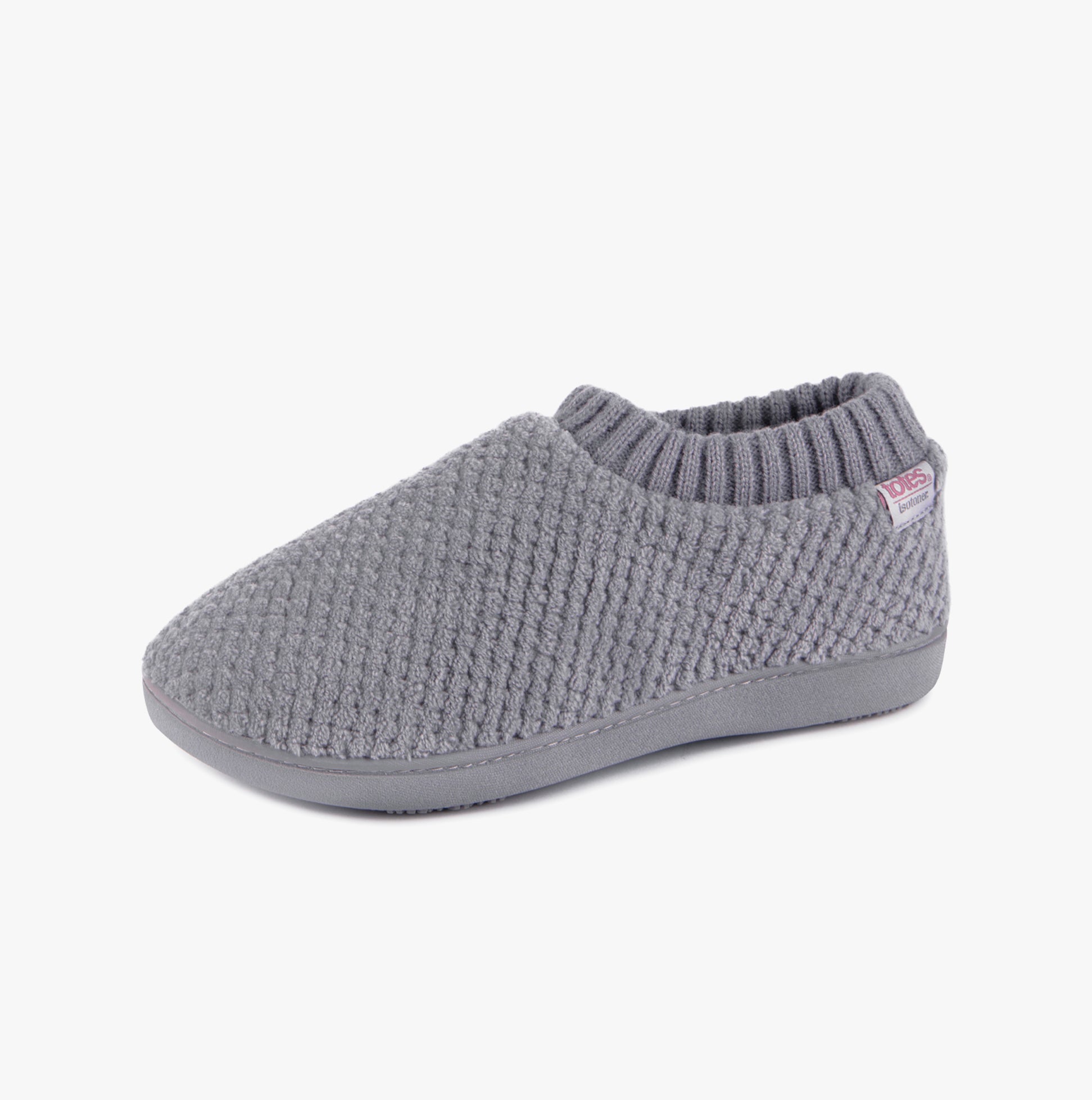 Totes Isotoner POPCORN FULL BACK BOOTIE Womens Slippers Grey side view showing soft polyester upper and round toe design.