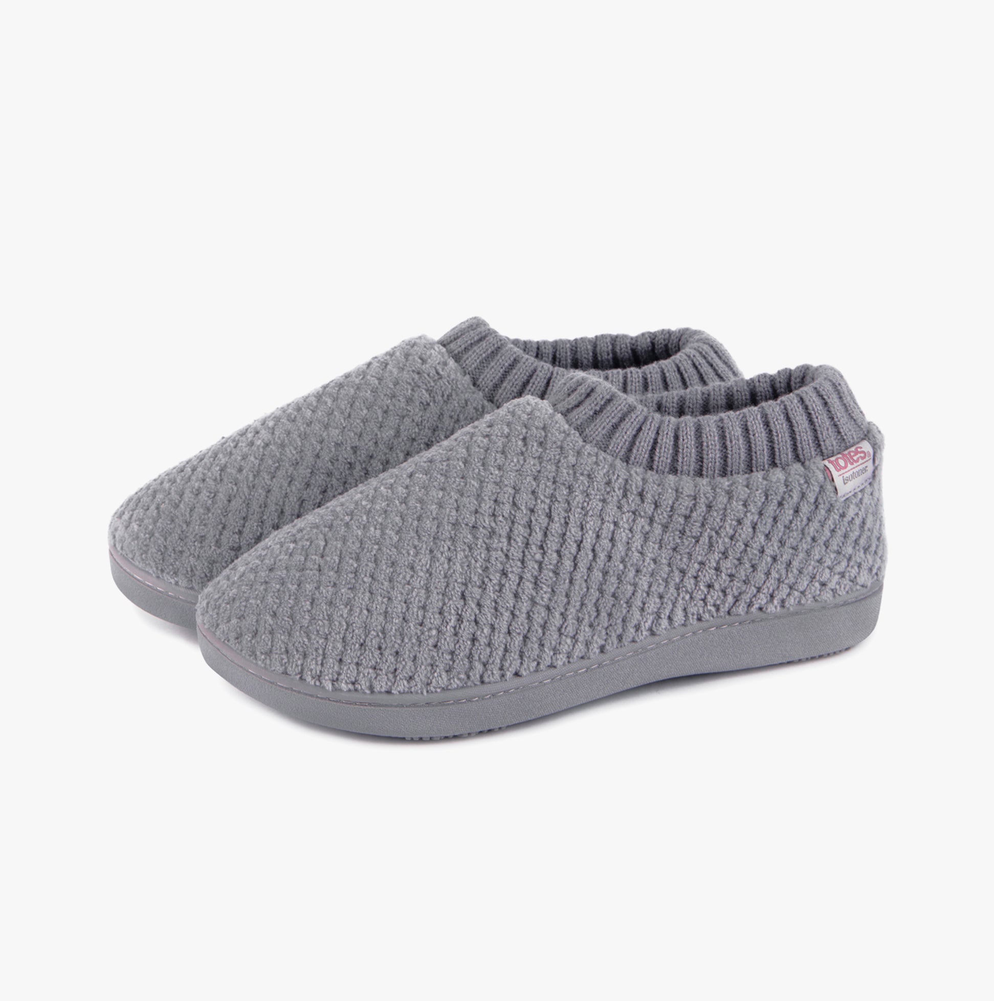Totes Isotoner POPCORN FULL BACK BOOTIE Womens Slippers Grey side view with textured upper and slip-on style