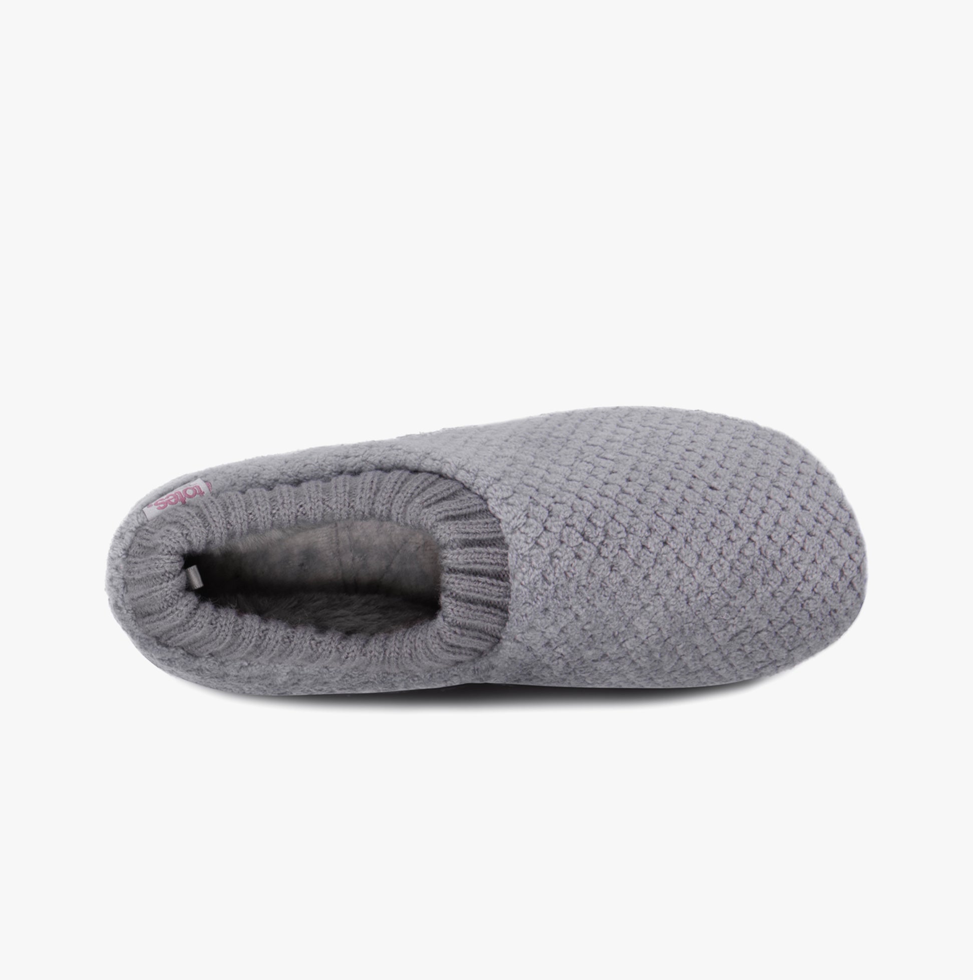 Totes Isotoner POPCORN FULL BACK BOOTIE Womens Slippers Grey top view featuring cozy knit design and slip-on style.