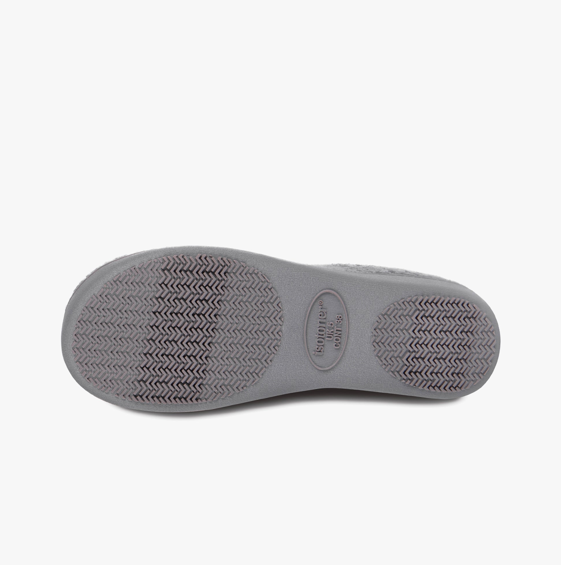 Totes Isotoner POPCORN FULL BACK BOOTIE Womens Slippers Grey bottom view with textured sole for slip resistance.
