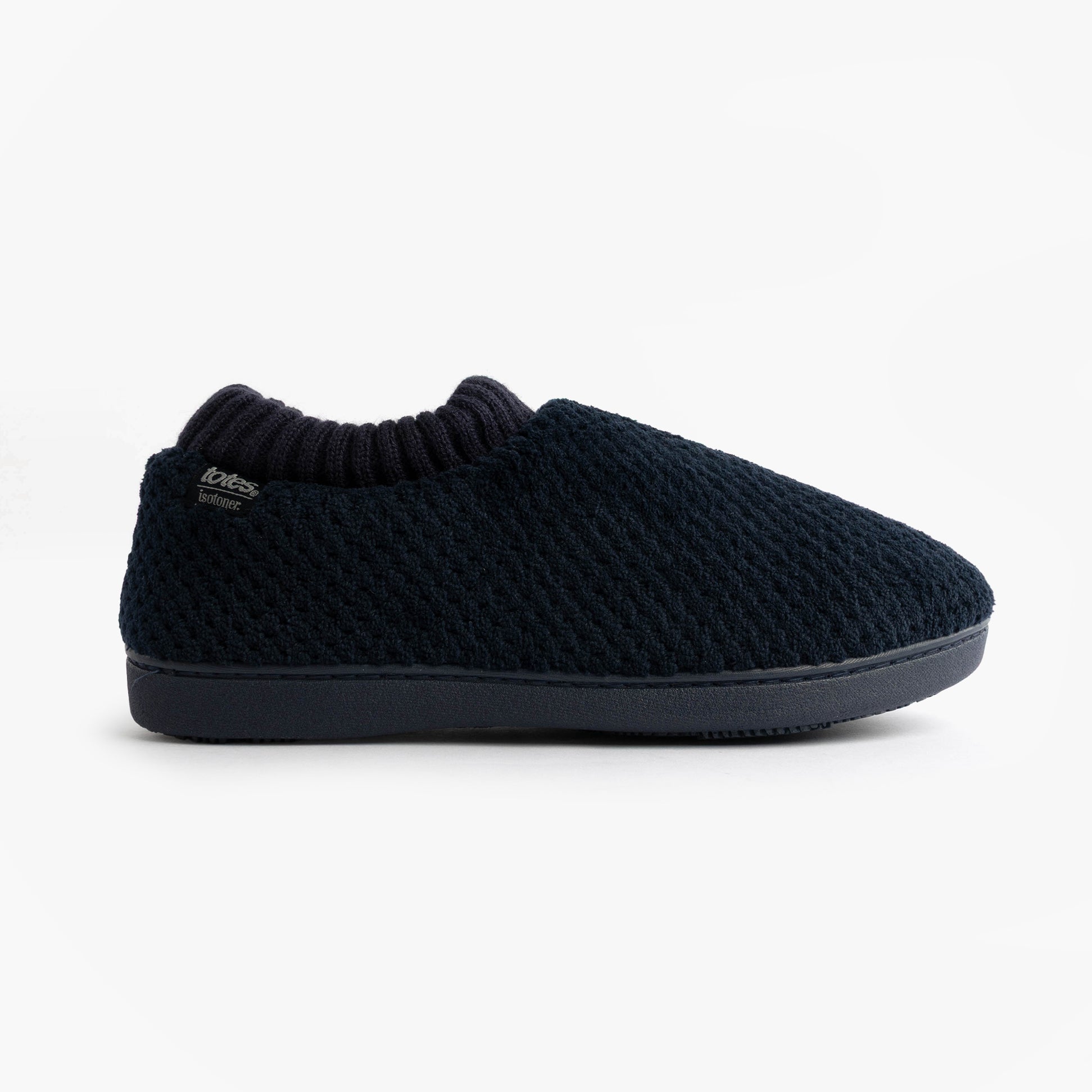 Totes Isotoner POPCORN FULL BACK BOOTIE Womens Slippers Navy side view showing textured upper and slip-on design.