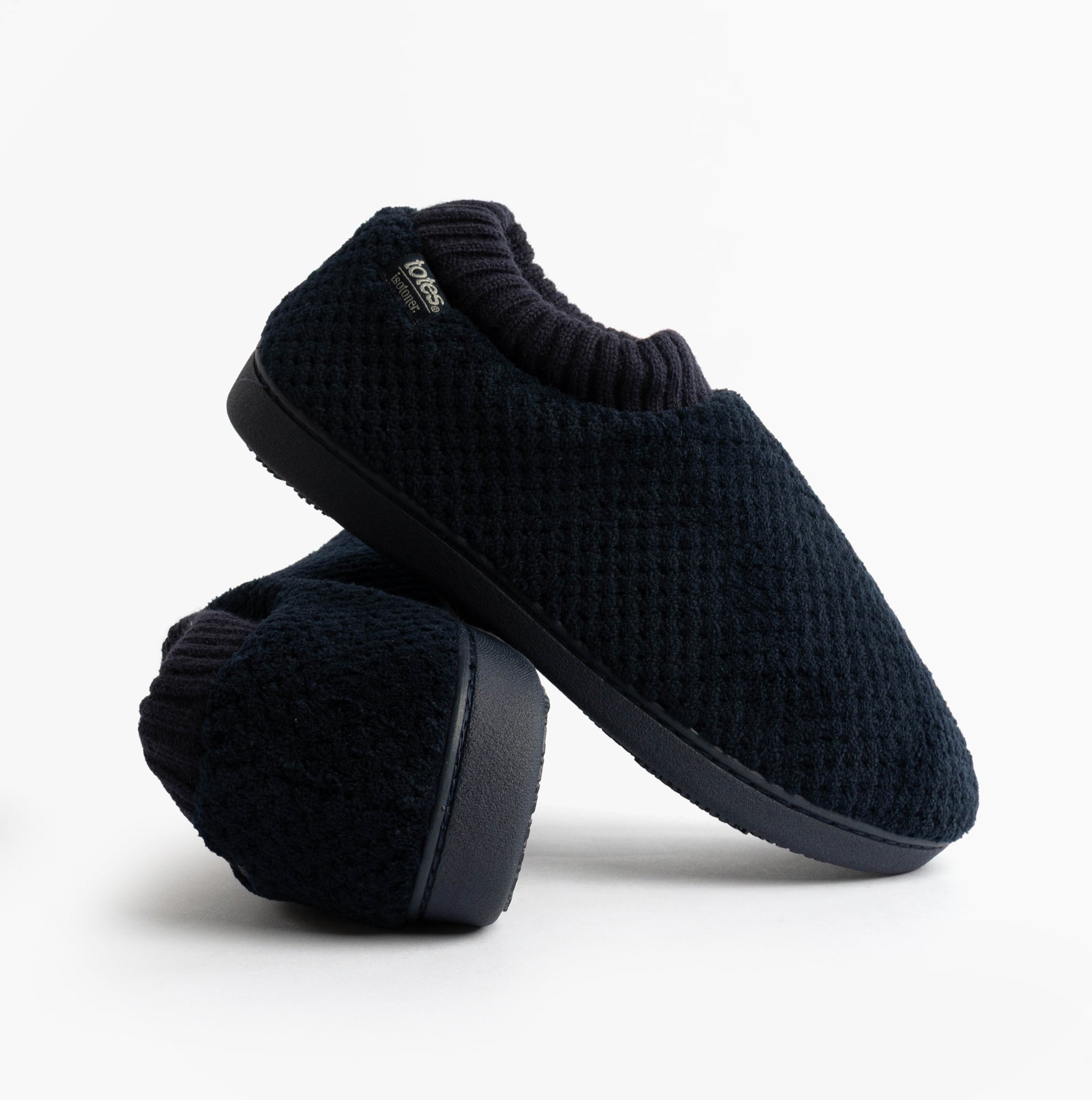 Totes Isotoner POPCORN FULL BACK BOOTIE Womens Slippers Navy side view showing the textured upper and comfortable fit.