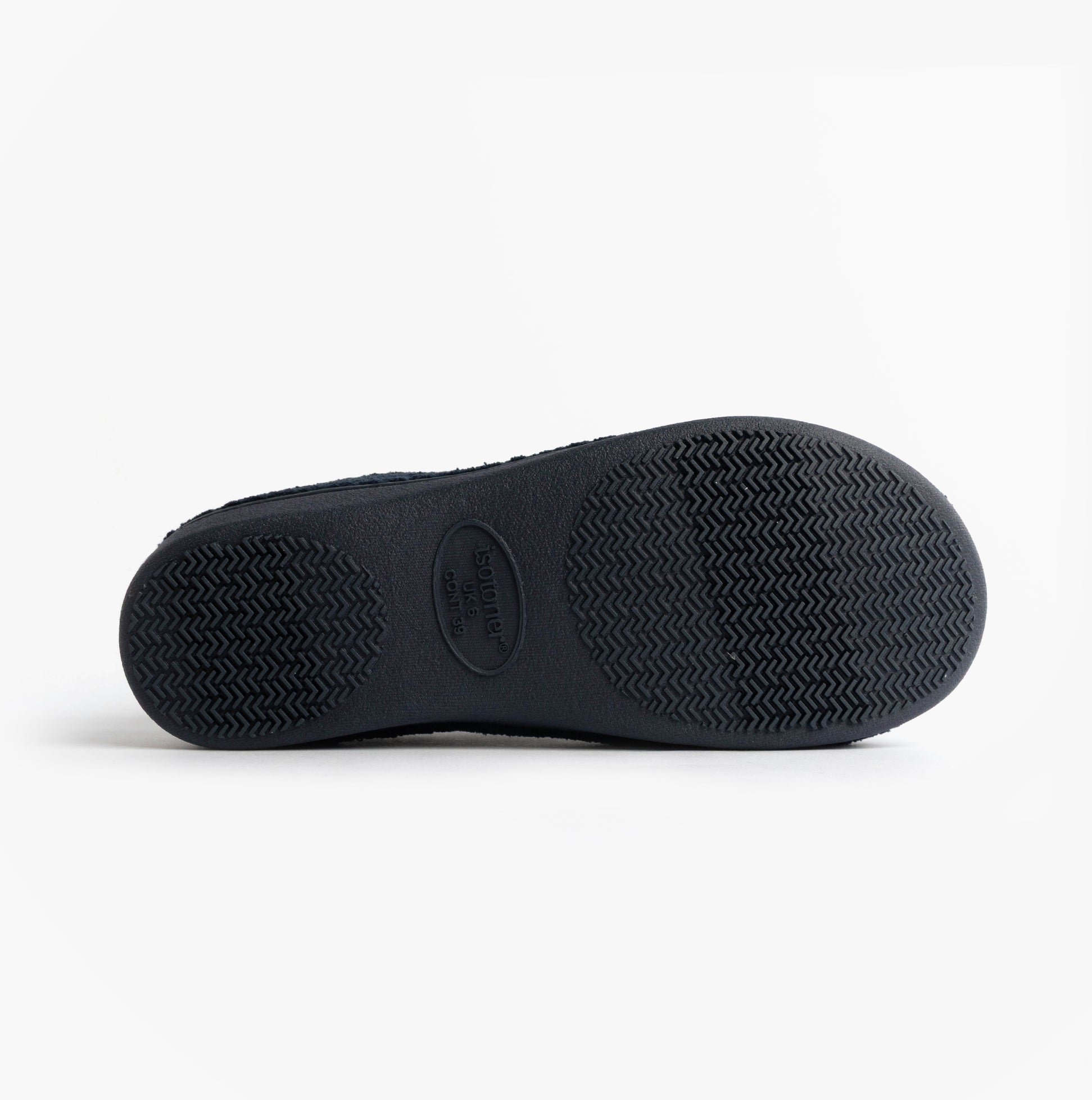 Totes Isotoner POPCORN FULL BACK BOOTIE Womens Slippers Navy bottom view showing TPR sole with textured grip.