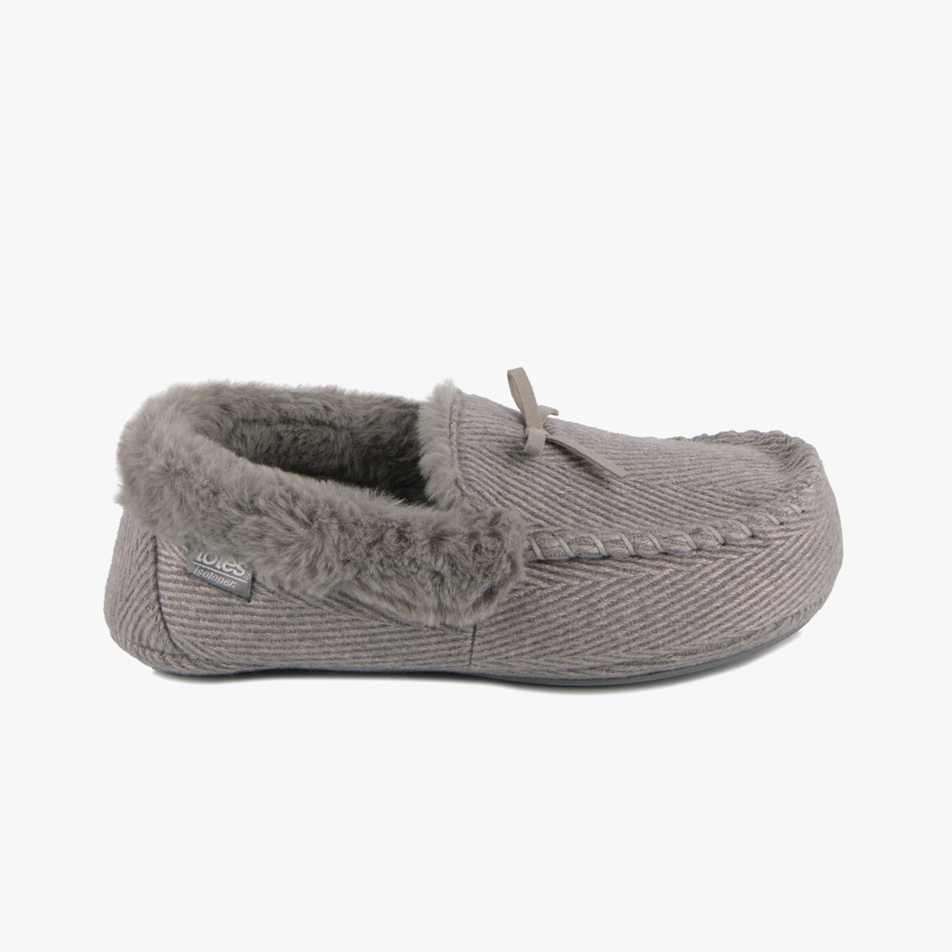 Totes Isotoner HERRINGBONE MOCCASIN WITH FUR CUFF Womens Slippers Grey side view with soft fur lining and round toe.