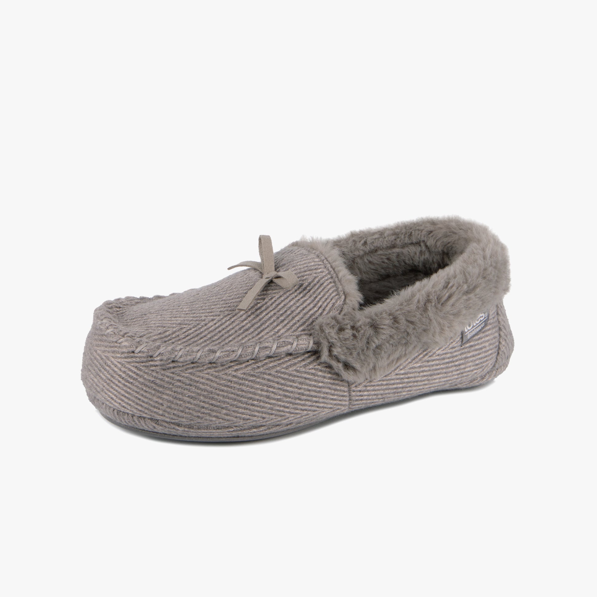 Totes Isotoner HERRINGBONE MOCCASIN WITH FUR CUFF Womens Slippers Grey side view showcasing soft fur cuff and comfortable design.