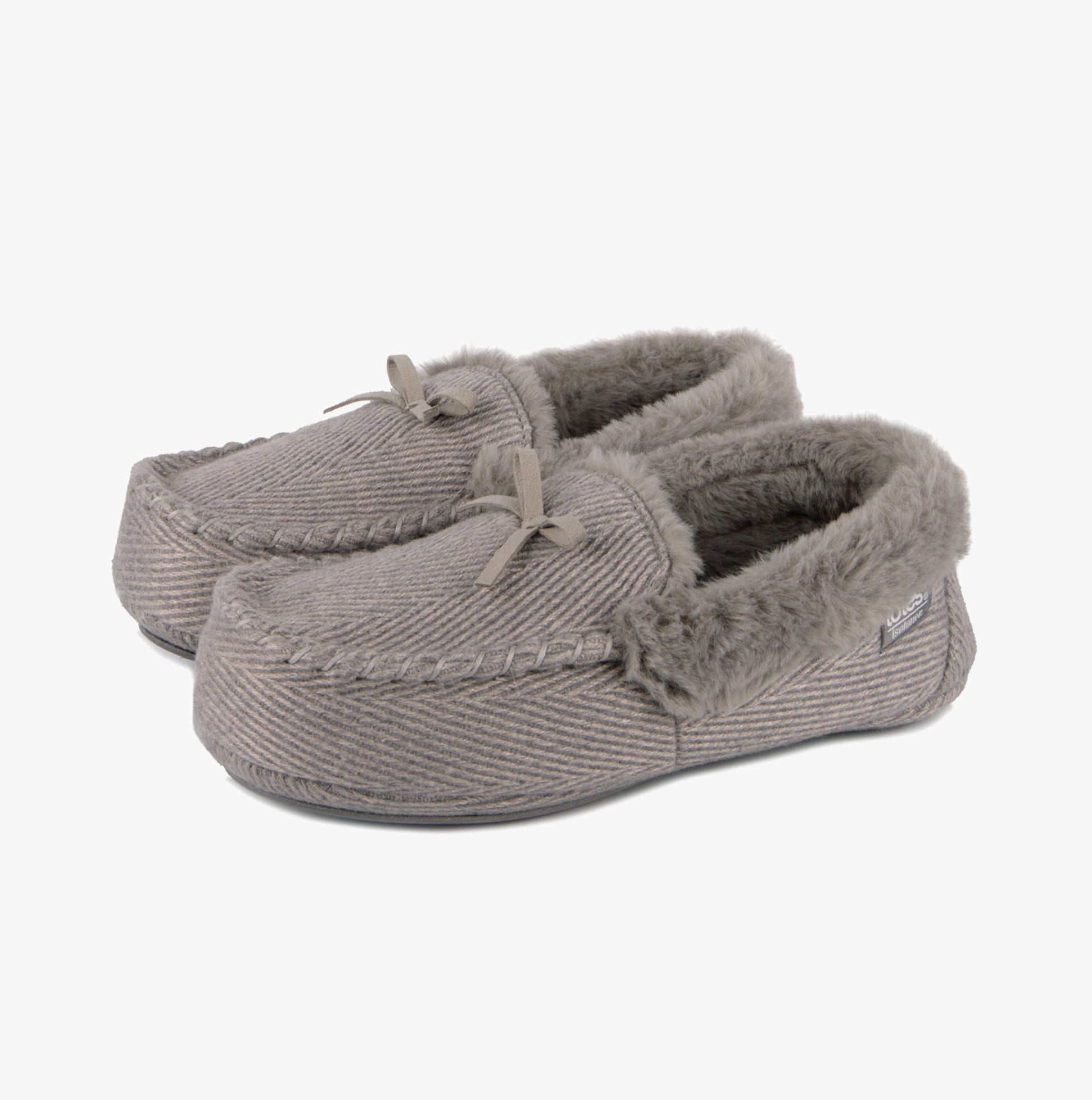 Totes Isotoner HERRINGBONE MOCCASIN WITH FUR CUFF Womens Slippers Grey side view showcasing soft fur lining.