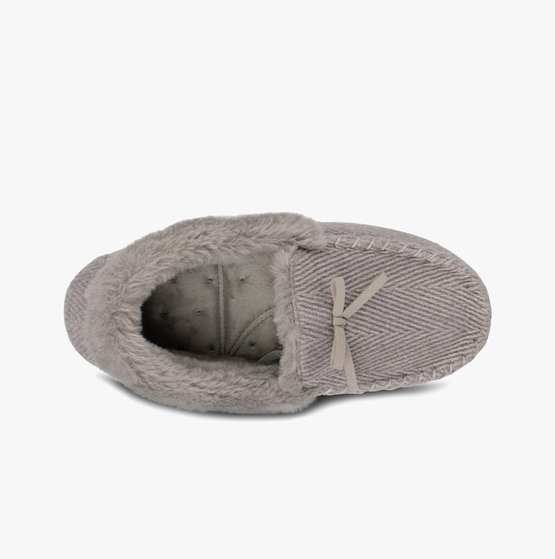 Totes Isotoner HERRINGBONE MOCCASIN WITH FUR CUFF Womens Slippers Grey top view showcasing soft fur lining and herringbone design.