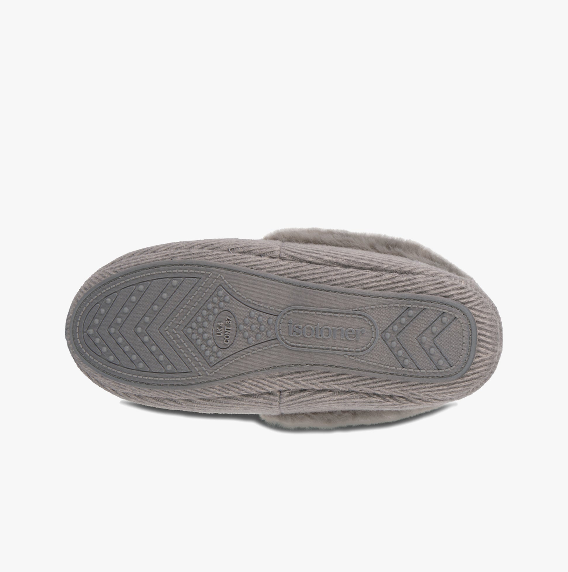 Totes Isotoner HERRINGBONE MOCCASIN WITH FUR CUFF Womens Slippers Grey bottom view, showing TPR sole and detailed herringbone design.