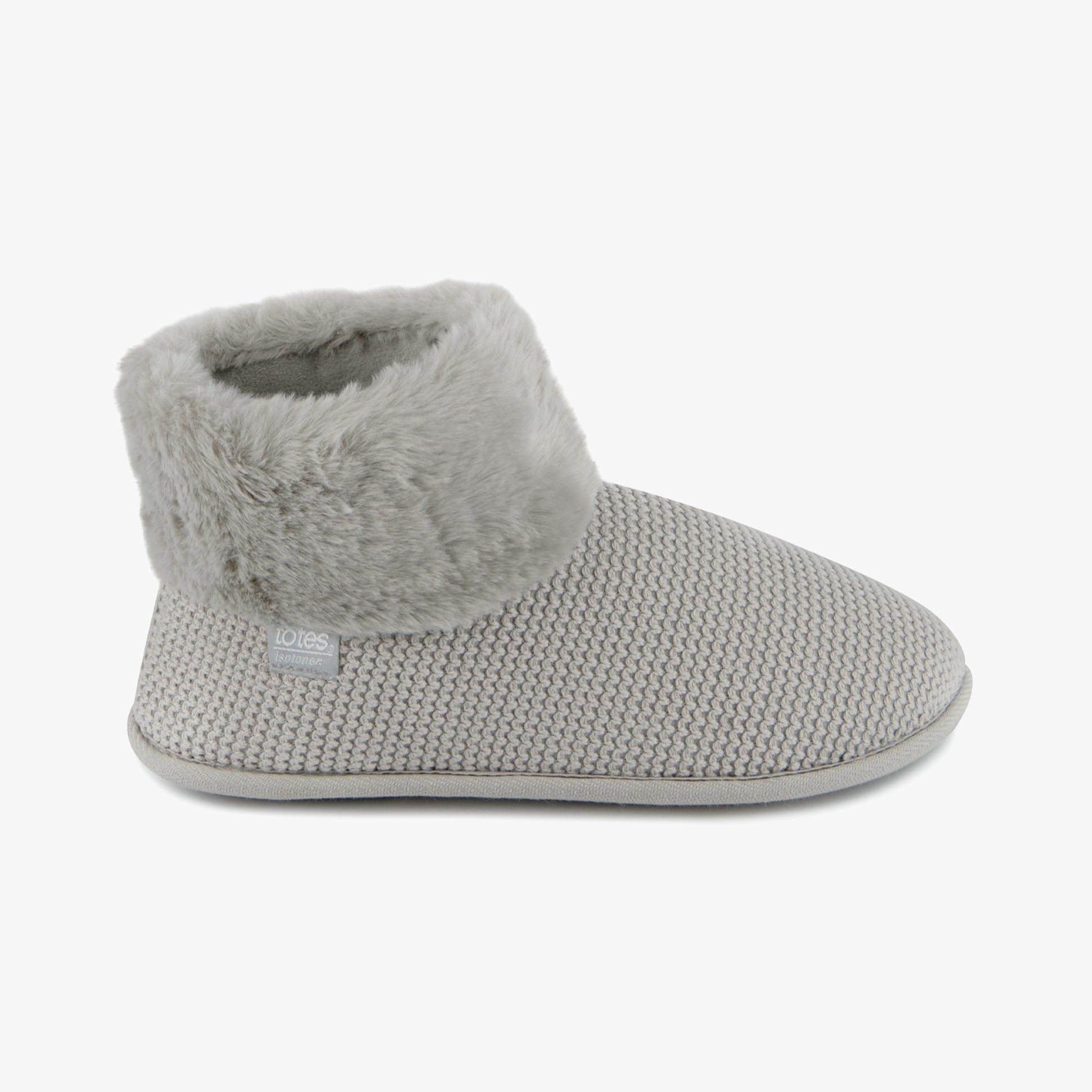 Totes Isotoner KNIT BOOT WITH FUR CUFF Womens Bootie Slippers Grey side view showcasing soft texture and fur cuff.