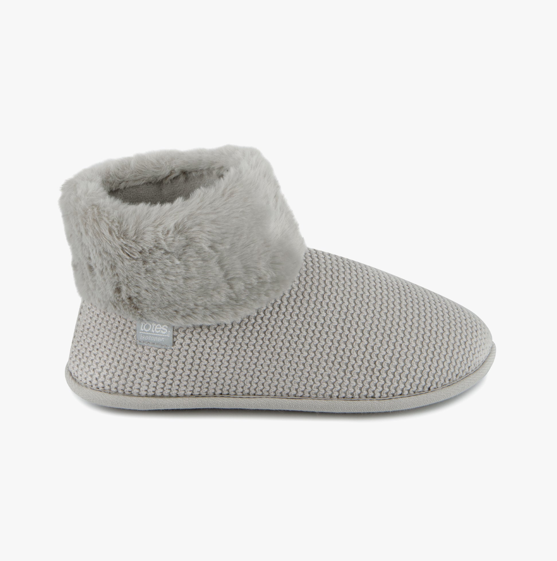 Totes Isotoner KNIT BOOT WITH FUR CUFF Womens Bootie Slippers Grey side view showcasing soft texture and fur cuff.