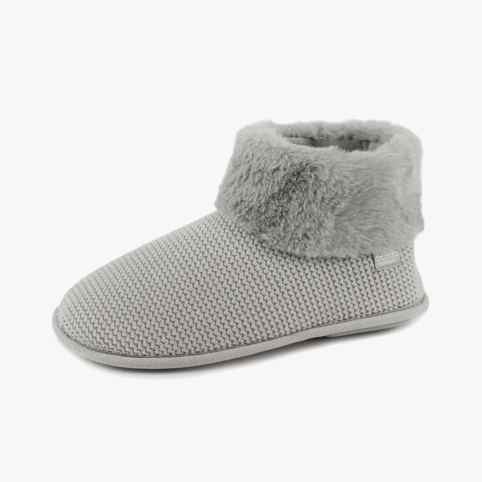 Totes Isotoner KNIT BOOT WITH FUR CUFF Womens Bootie Slippers Grey side view showcasing soft texture and cozy fur cuff.