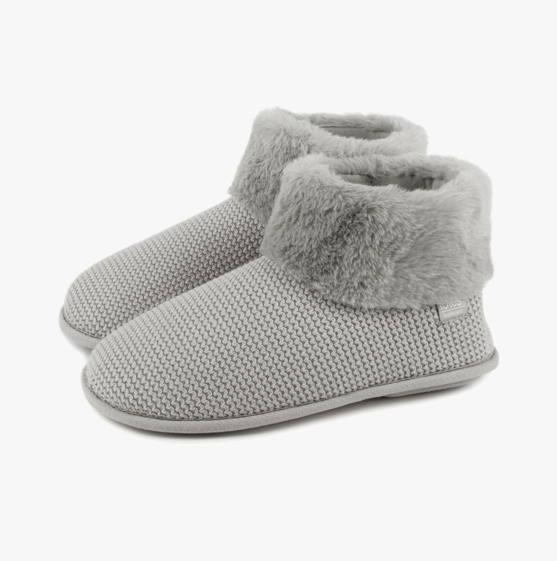 Totes Isotoner KNIT BOOT WITH FUR CUFF Womens Bootie Slippers Grey side view showing plush fur cuff and knit texture.