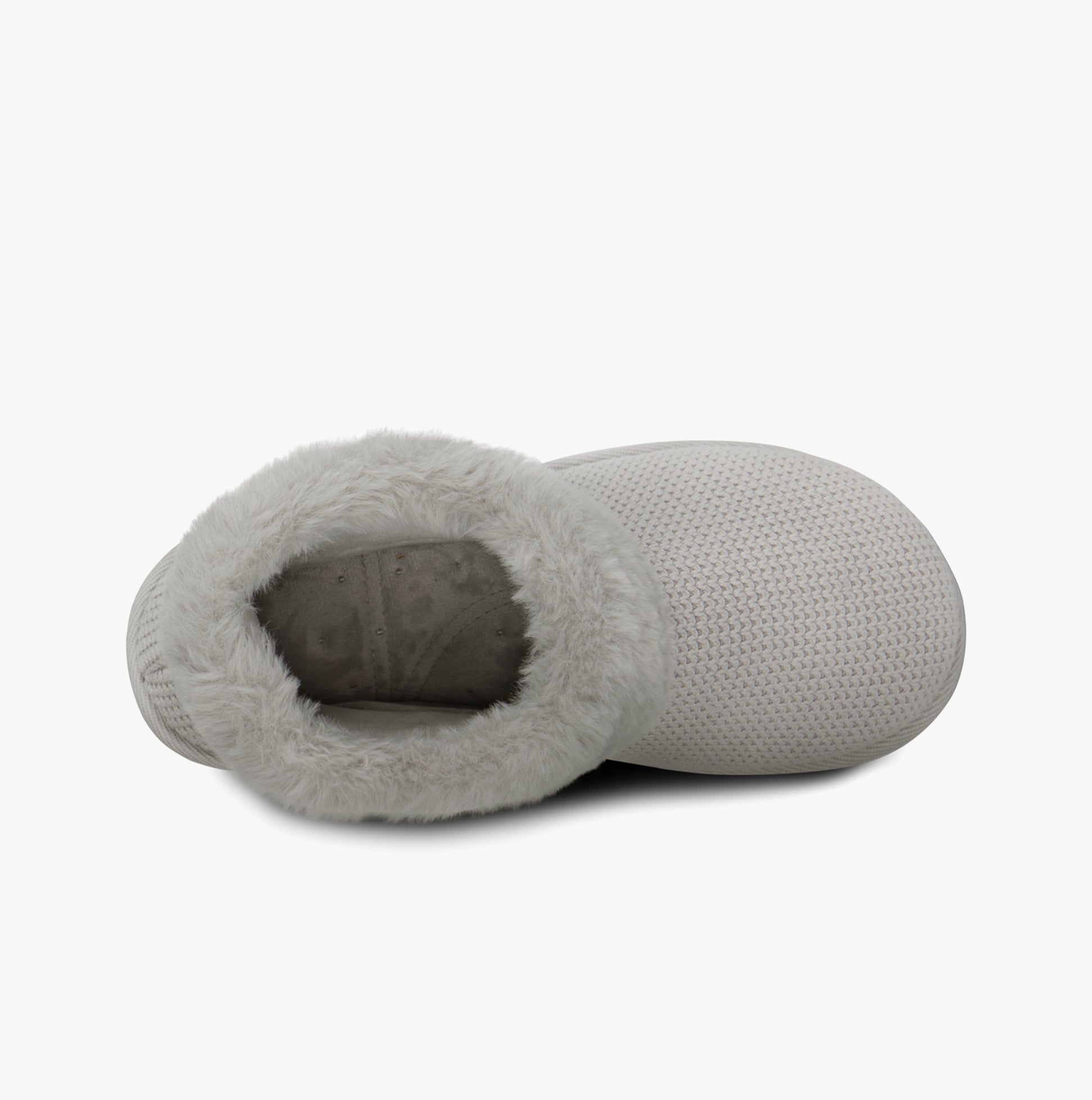 Totes Isotoner KNIT BOOT WITH FUR CUFF Womens Bootie Slippers Grey top view showing soft fur lining and textile upper.