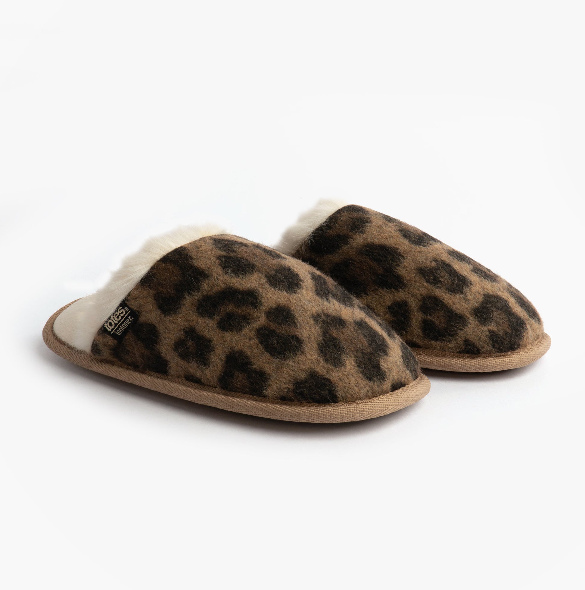 Totes Isotoner ANIMAL FUR Womens Mule Slippers Animal Print side view featuring leopard print design.