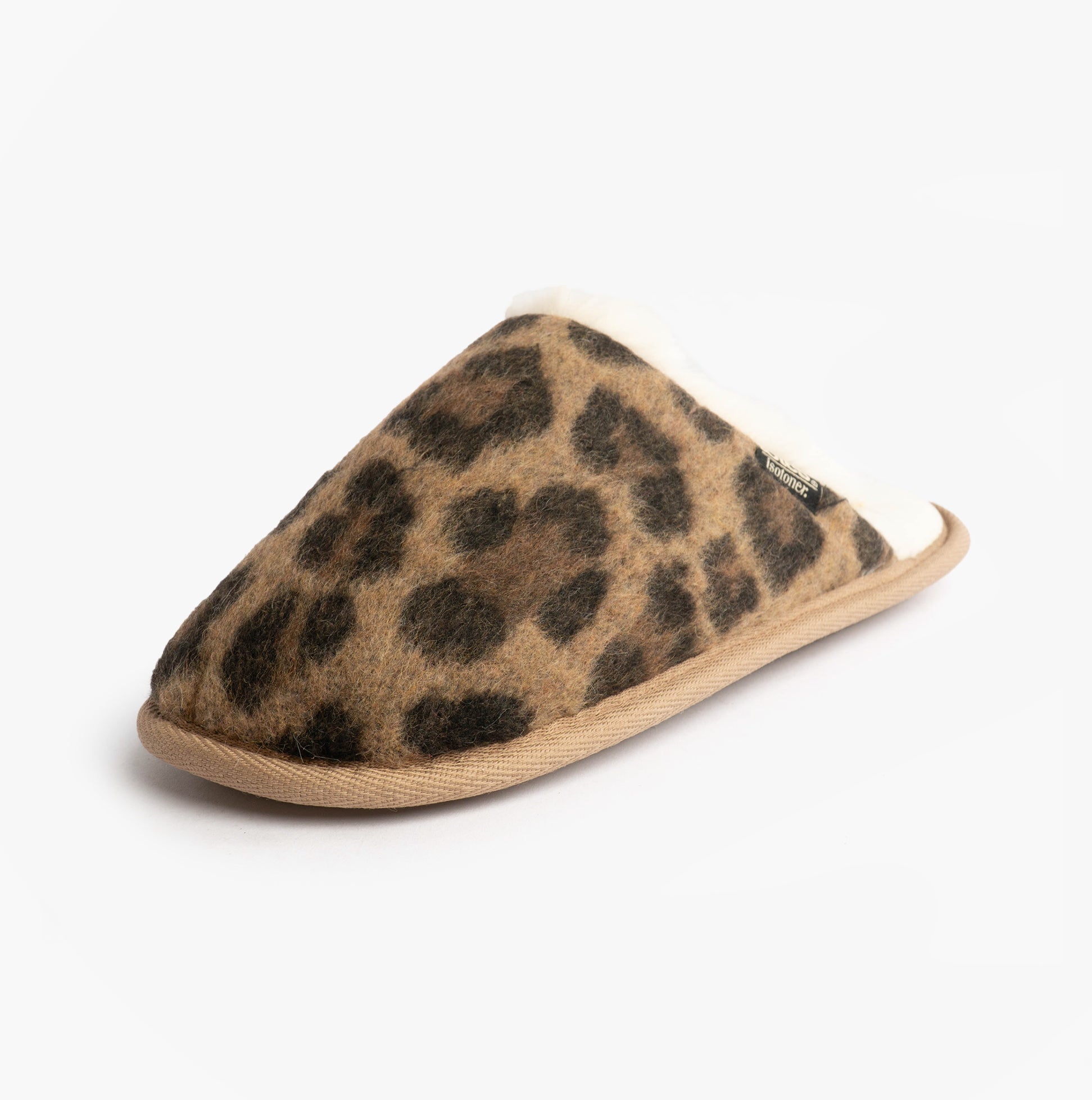 Totes Isotoner ANIMAL FUR Womens Mule Slippers Animal Print side view with leopard pattern and soft lining