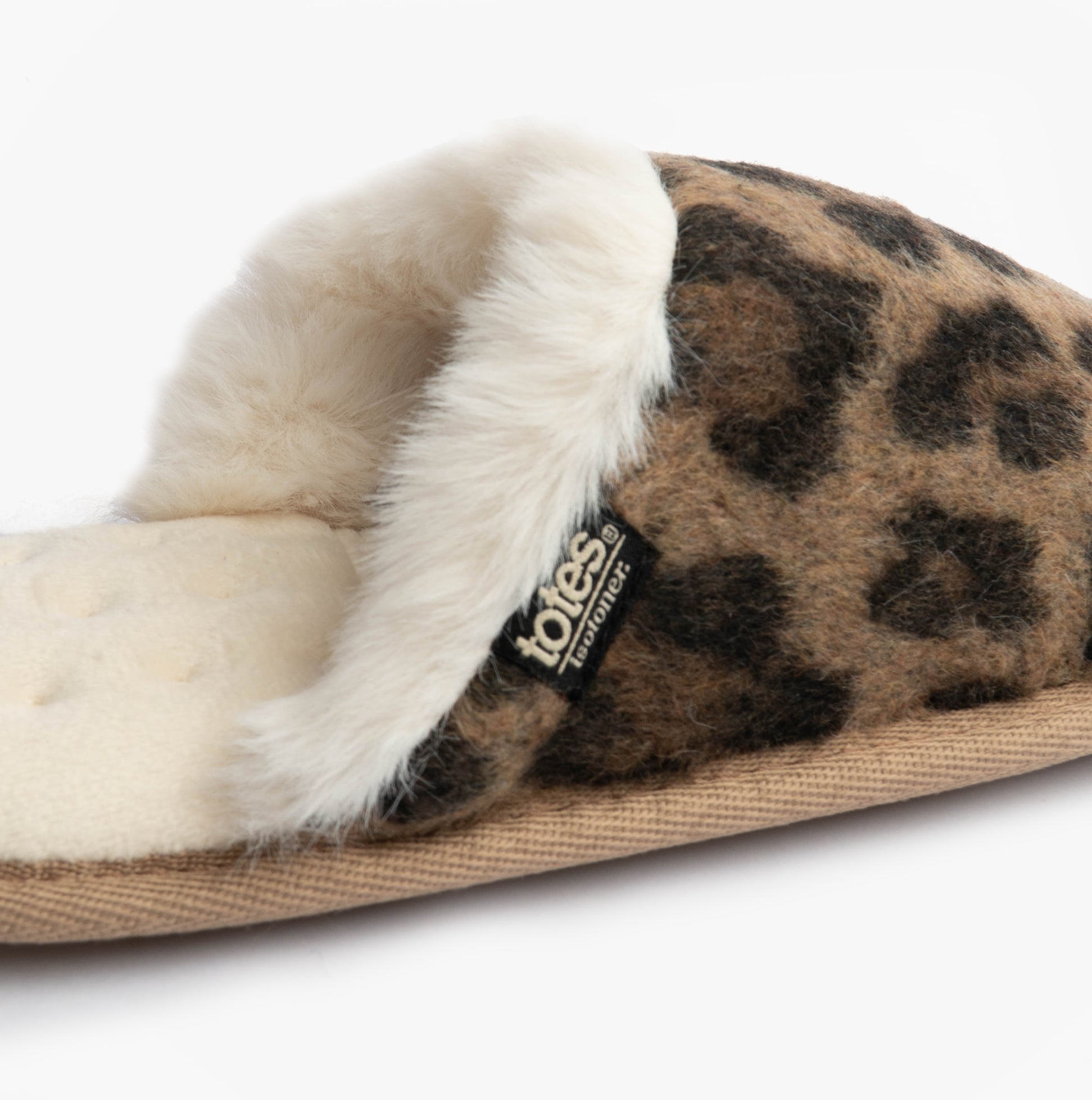 Totes Isotoner ANIMAL FUR Womens Mule Slippers Animal Print side view featuring leopard print and faux fur lining.
