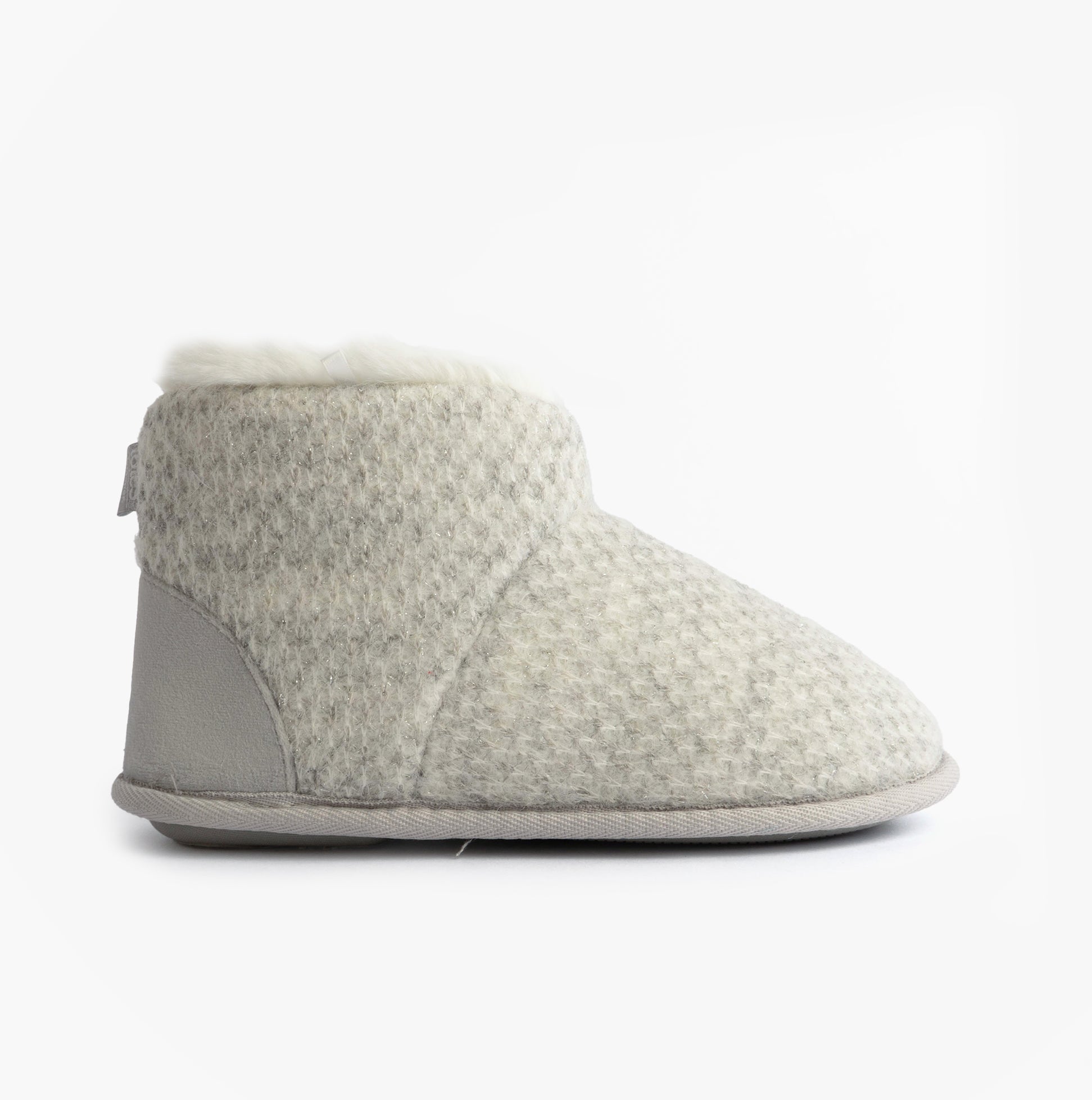 Totes Isotoner SPARKLE KNIT Womens Boot Slippers Light Grey side view showing cozy texture and design features.