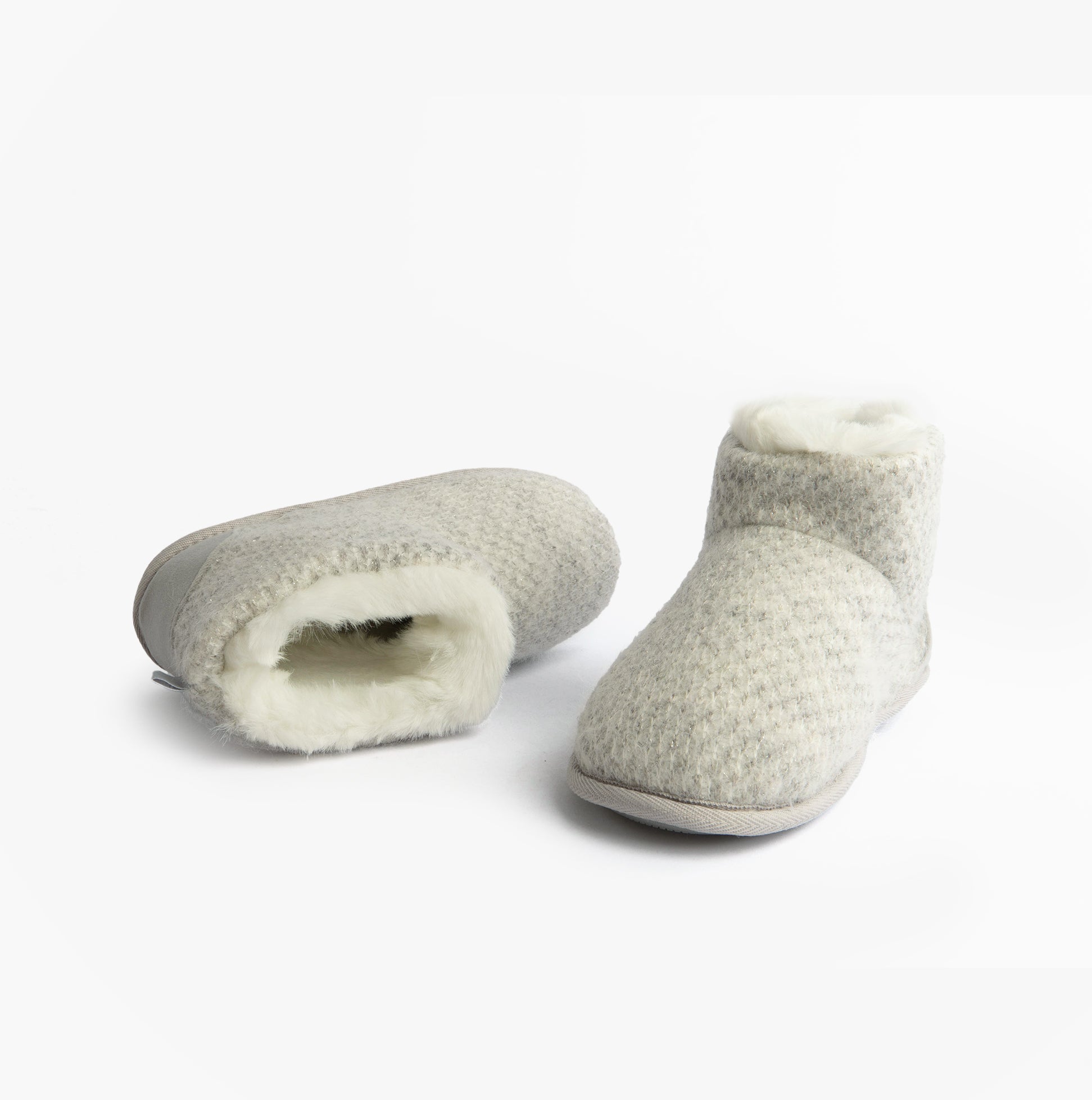Totes Isotoner SPARKLE KNIT Womens Boot Slippers Light Grey, side and front view showing cozy design and soft lining.