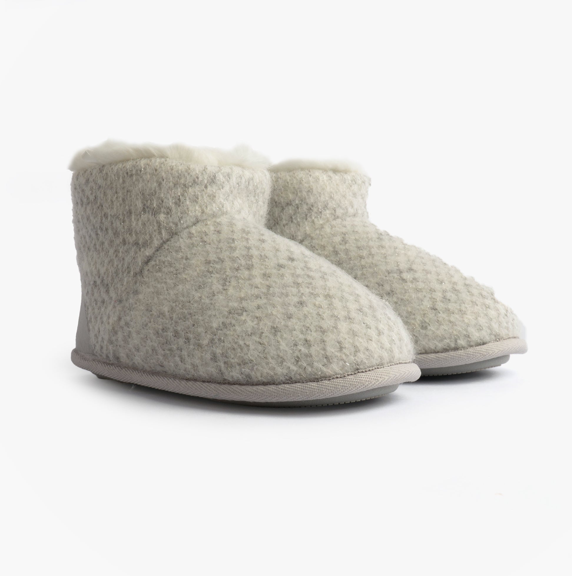 Totes Isotoner SPARKLE KNIT Womens Boot Slippers Light Grey side view showing comfort features and cozy design.