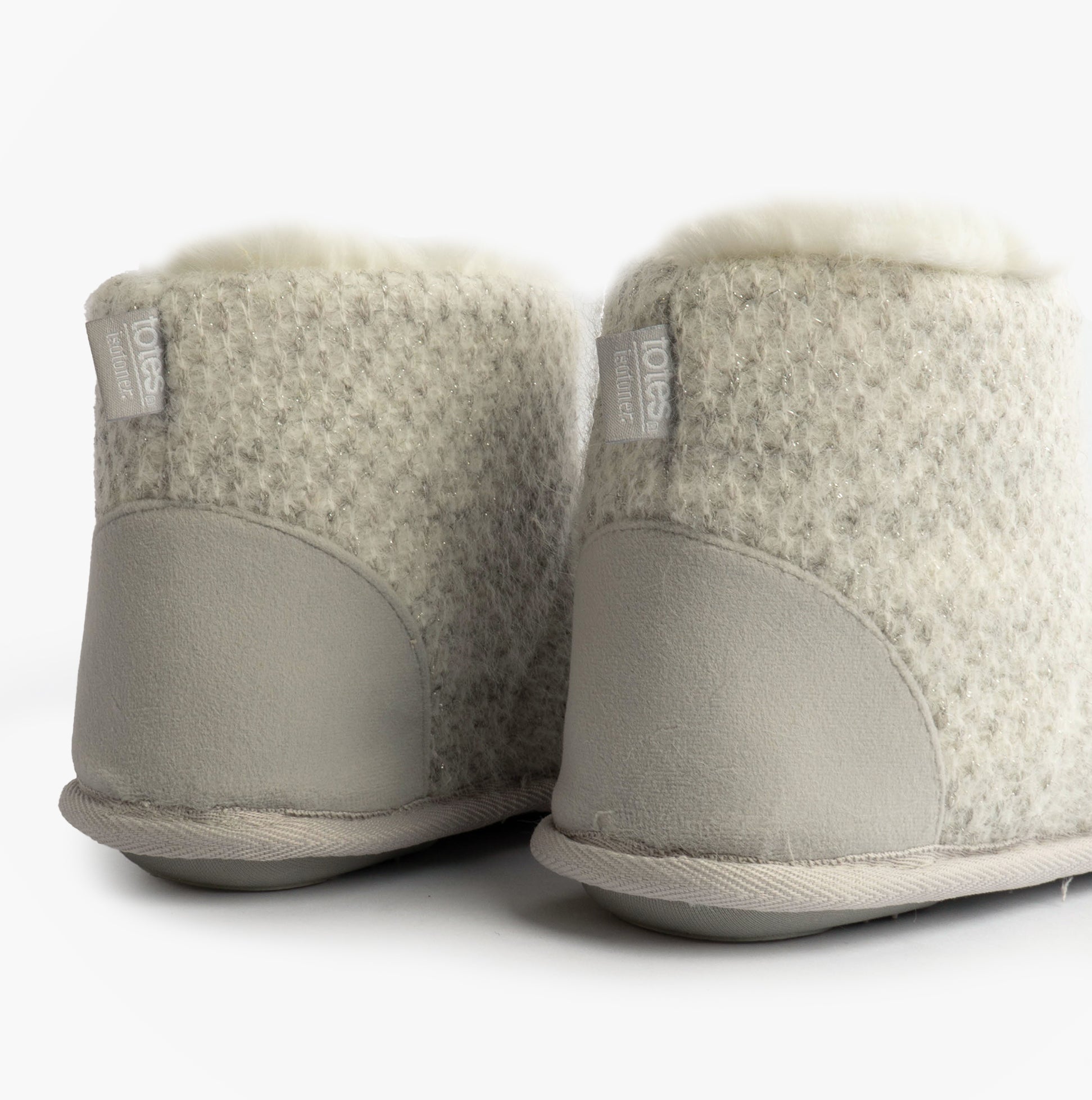 Totes Isotoner SPARKLE KNIT Womens Boot Slippers Light Grey rear view showcasing soft fabric and comfort features.