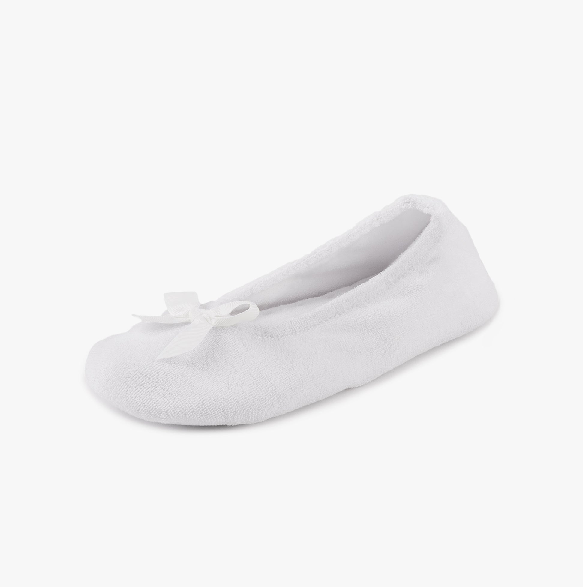 Totes Isotoner STRETCH TERRY BOW Womens Ballerina Slippers White side view with bow detail