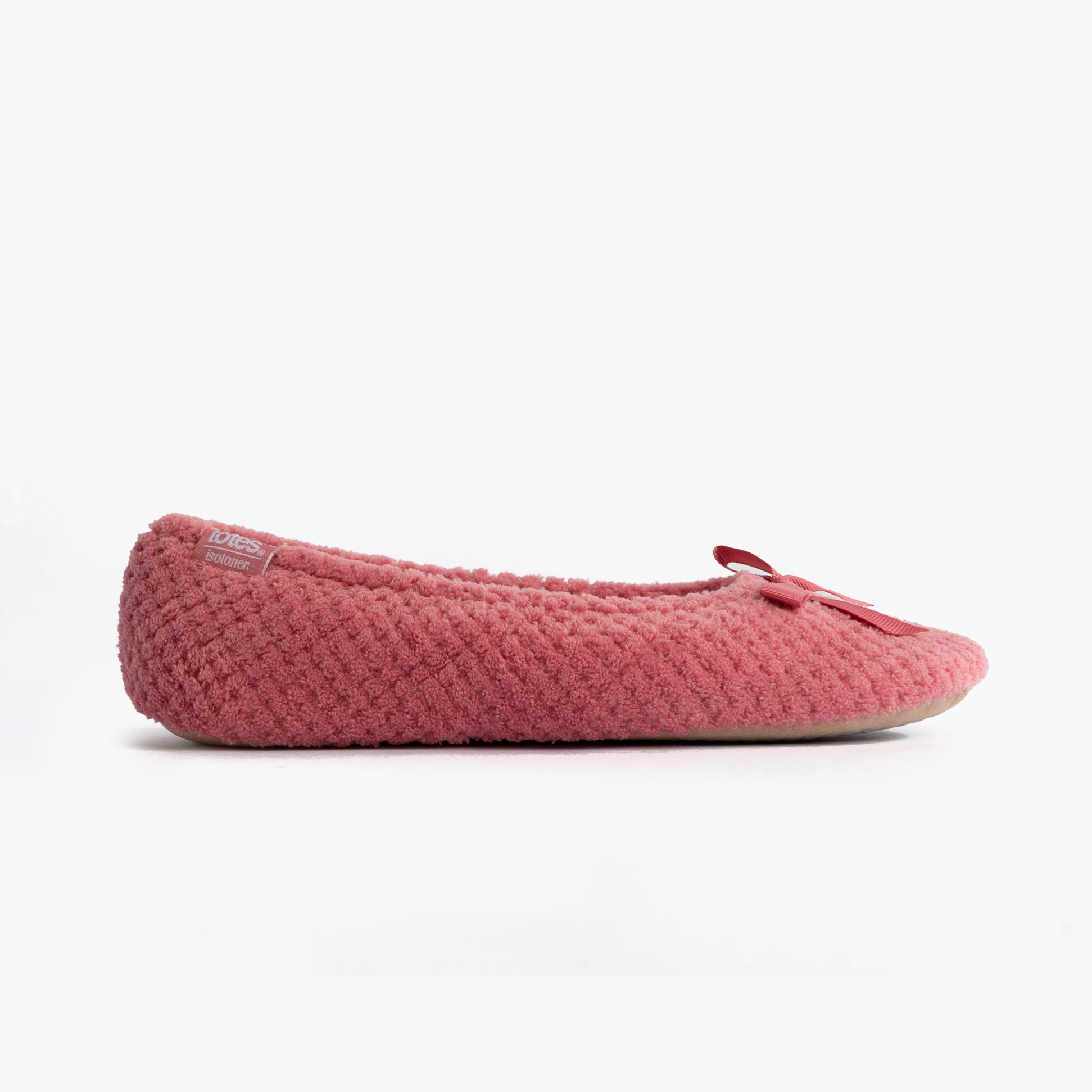 Totes Isotoner POPCORN BALLET Womens Ballerina Slippers Bright Pink side view showing plush texture and bow detail.