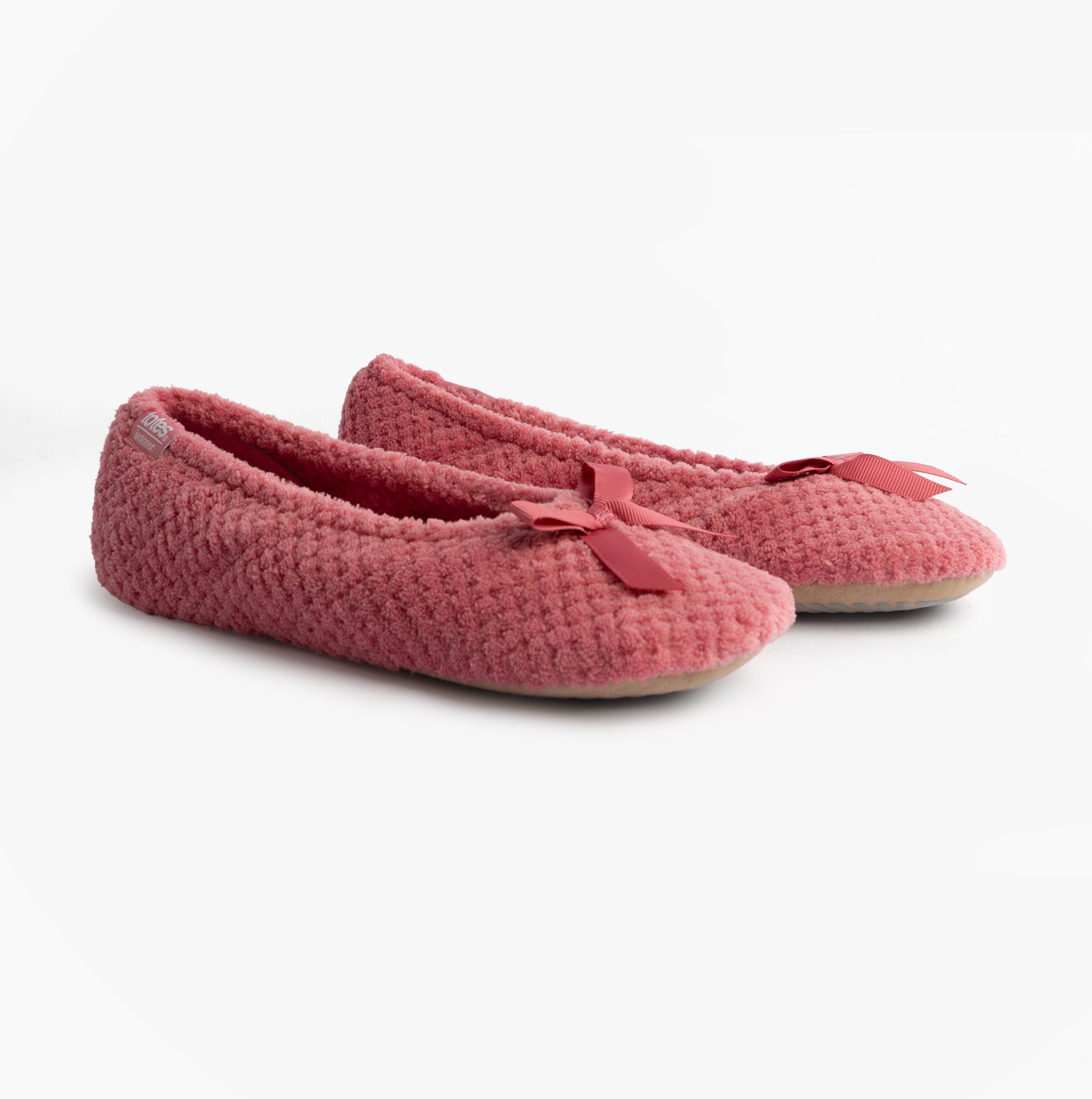 Totes Isotoner POPCORN BALLET Womens Ballerina Slippers Bright Pink side view with bow detail
