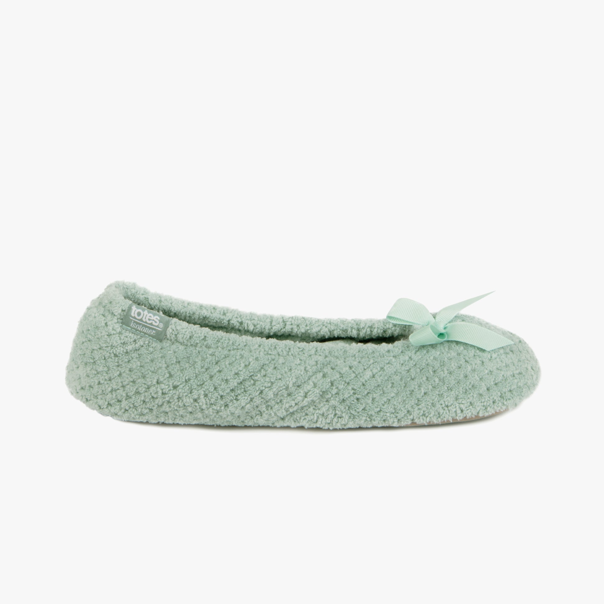 Totes Isotoner POPCORN BALLET Womens Ballerina Slippers Mint side view showcasing soft texture and bow detail.