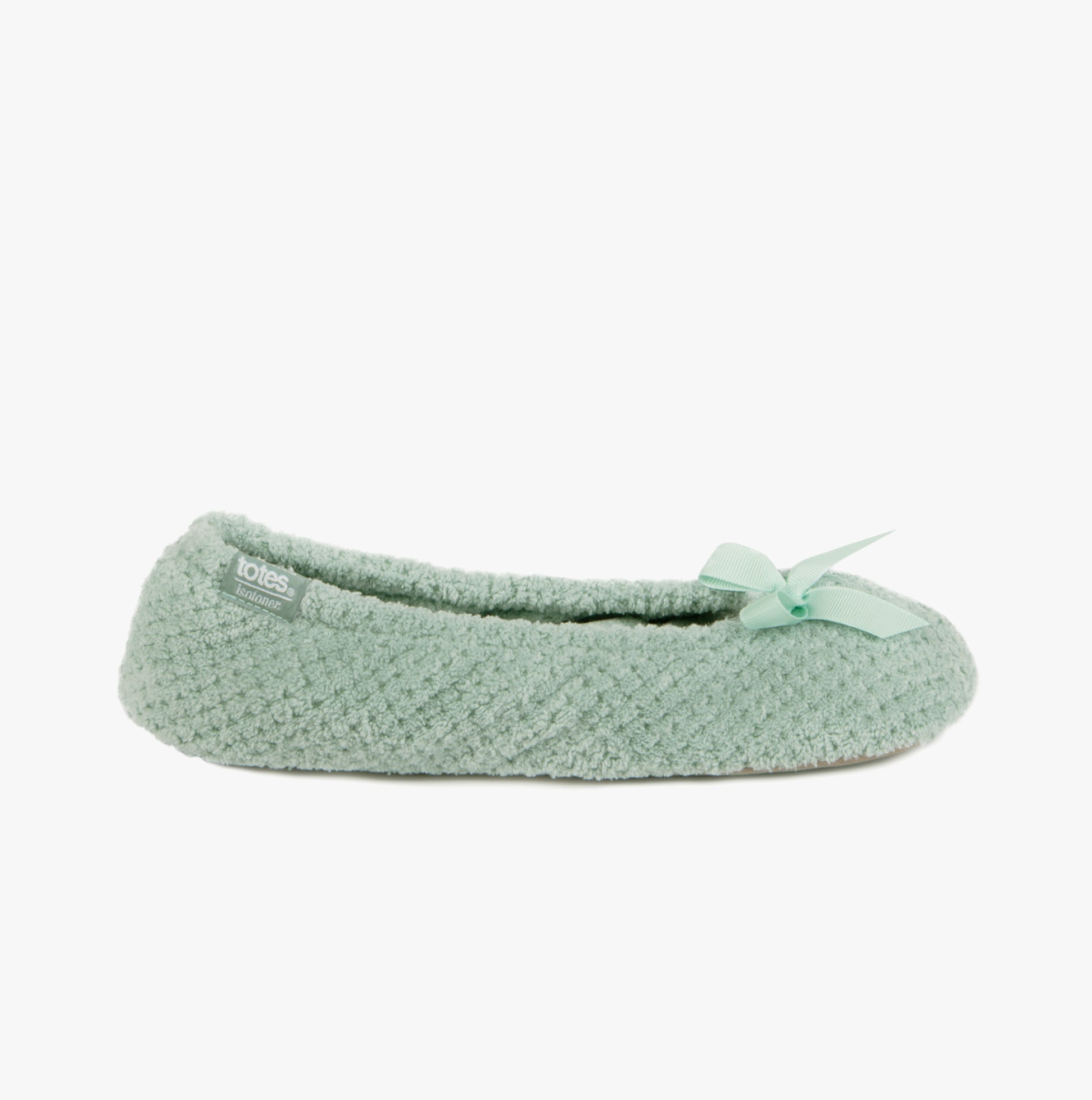 Totes Isotoner POPCORN BALLET Womens Ballerina Slippers Mint side view showcasing soft texture and bow detail.