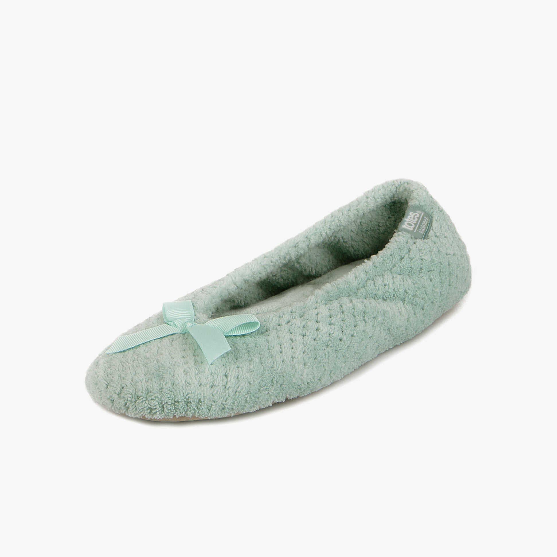 Totes Isotoner POPCORN BALLET Womens Ballerina Slippers Mint side view with bow detail