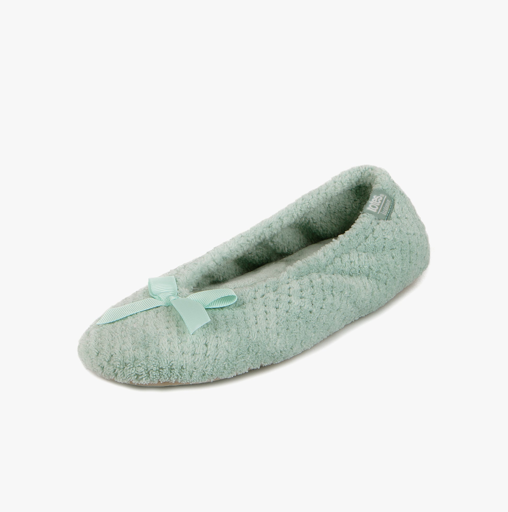 Totes Isotoner POPCORN BALLET Womens Ballerina Slippers Mint side view with bow detail