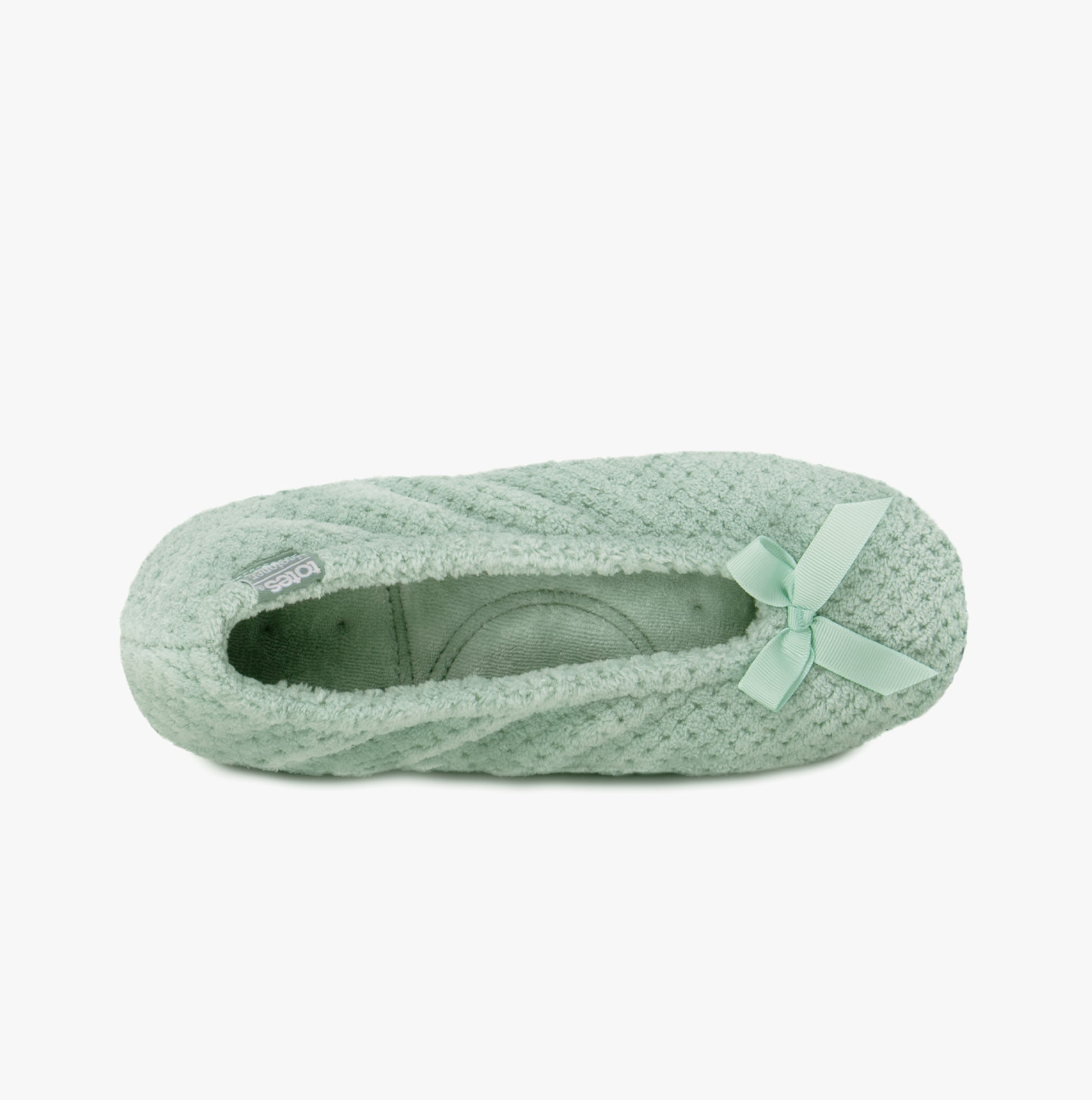 Totes Isotoner POPCORN BALLET Womens Ballerina Slippers Mint top view showcasing the soft mint upper and bow detail.