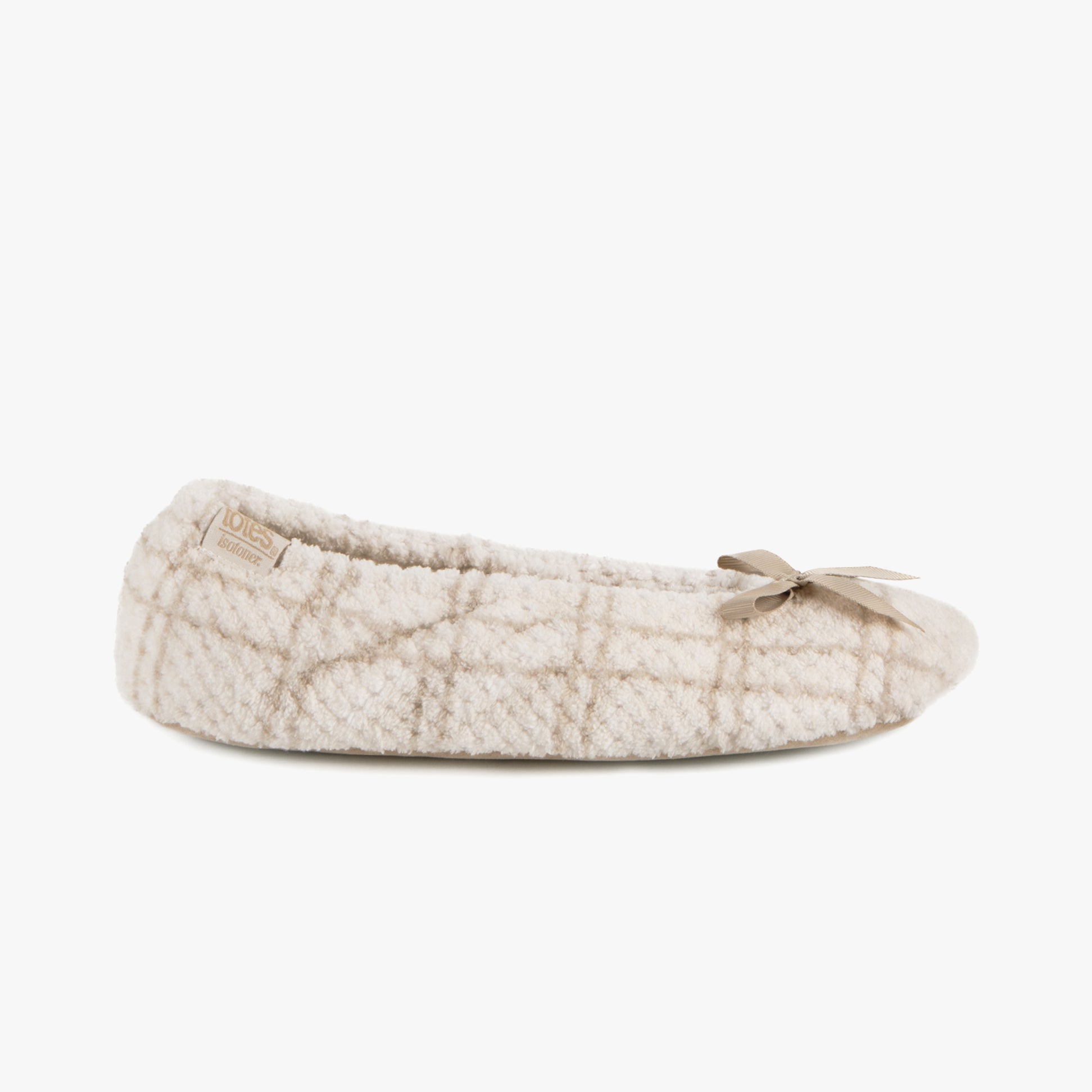 Totes Isotoner POPCORN BALLET Womens Ballerina Slippers Natural Check side view with soft fabric and bow detail.