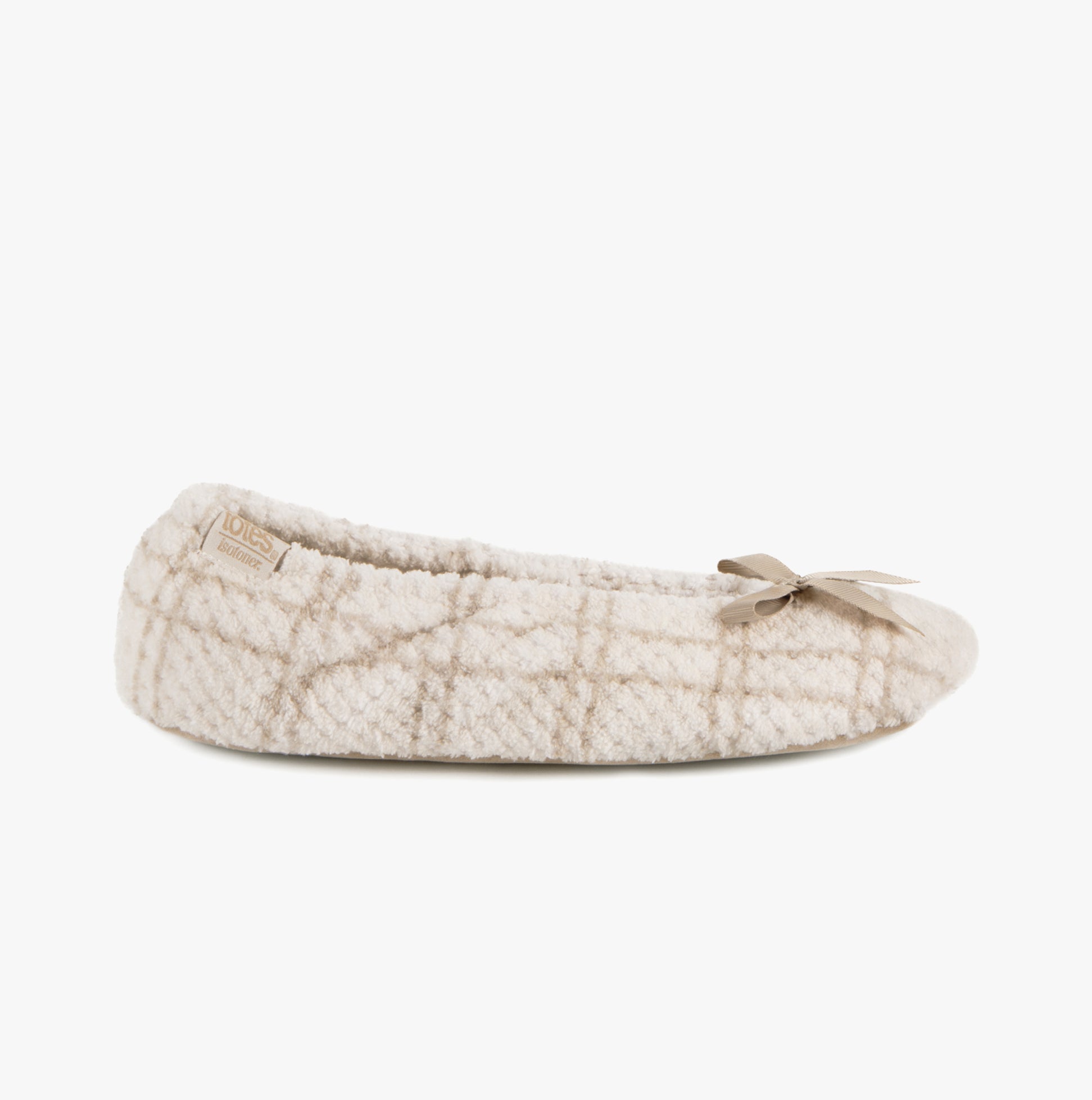 Totes Isotoner POPCORN BALLET Womens Ballerina Slippers Natural Check side view with soft fabric and bow detail.