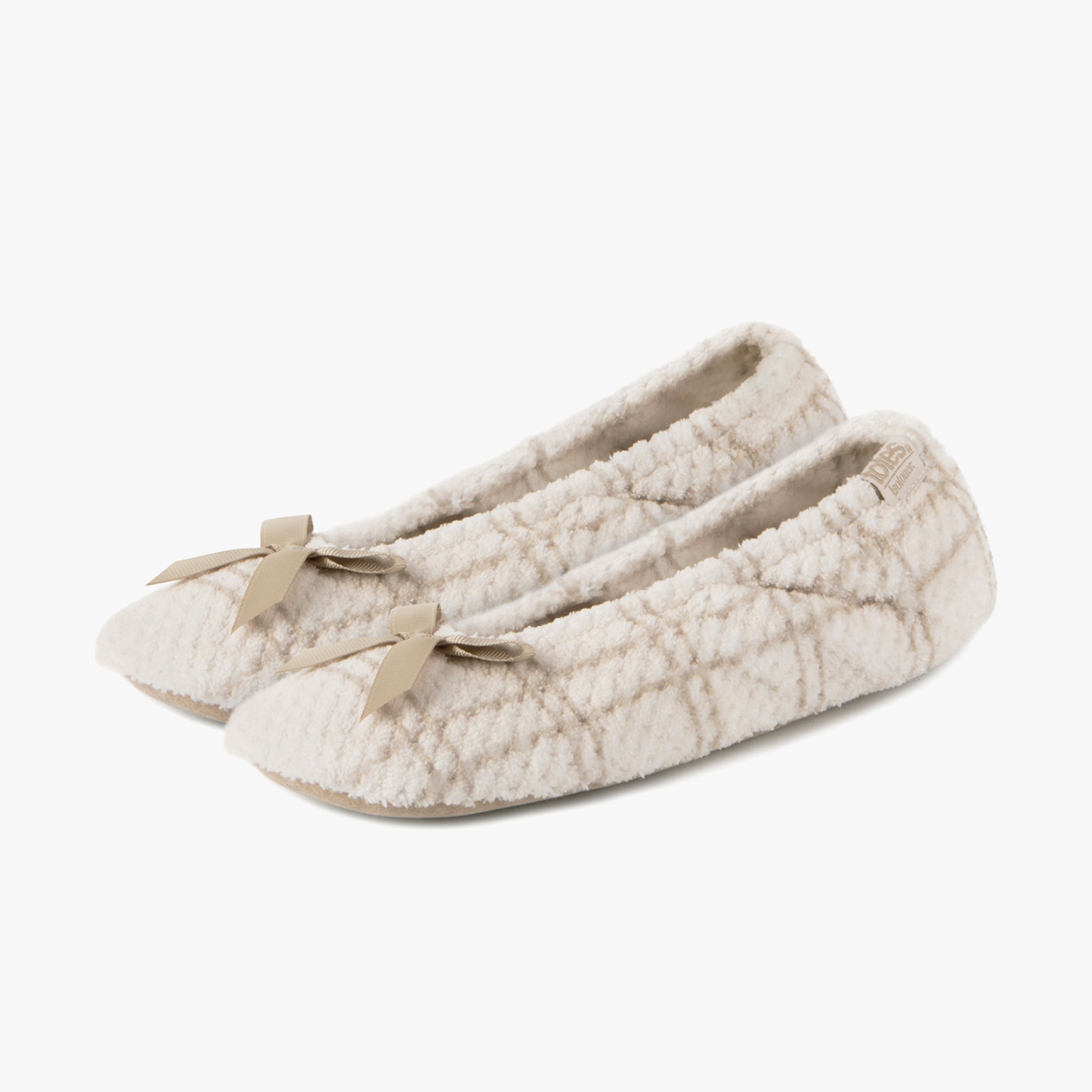 Totes Isotoner POPCORN BALLET Womens Ballerina Slippers Natural Check side view with bows and plush texture.