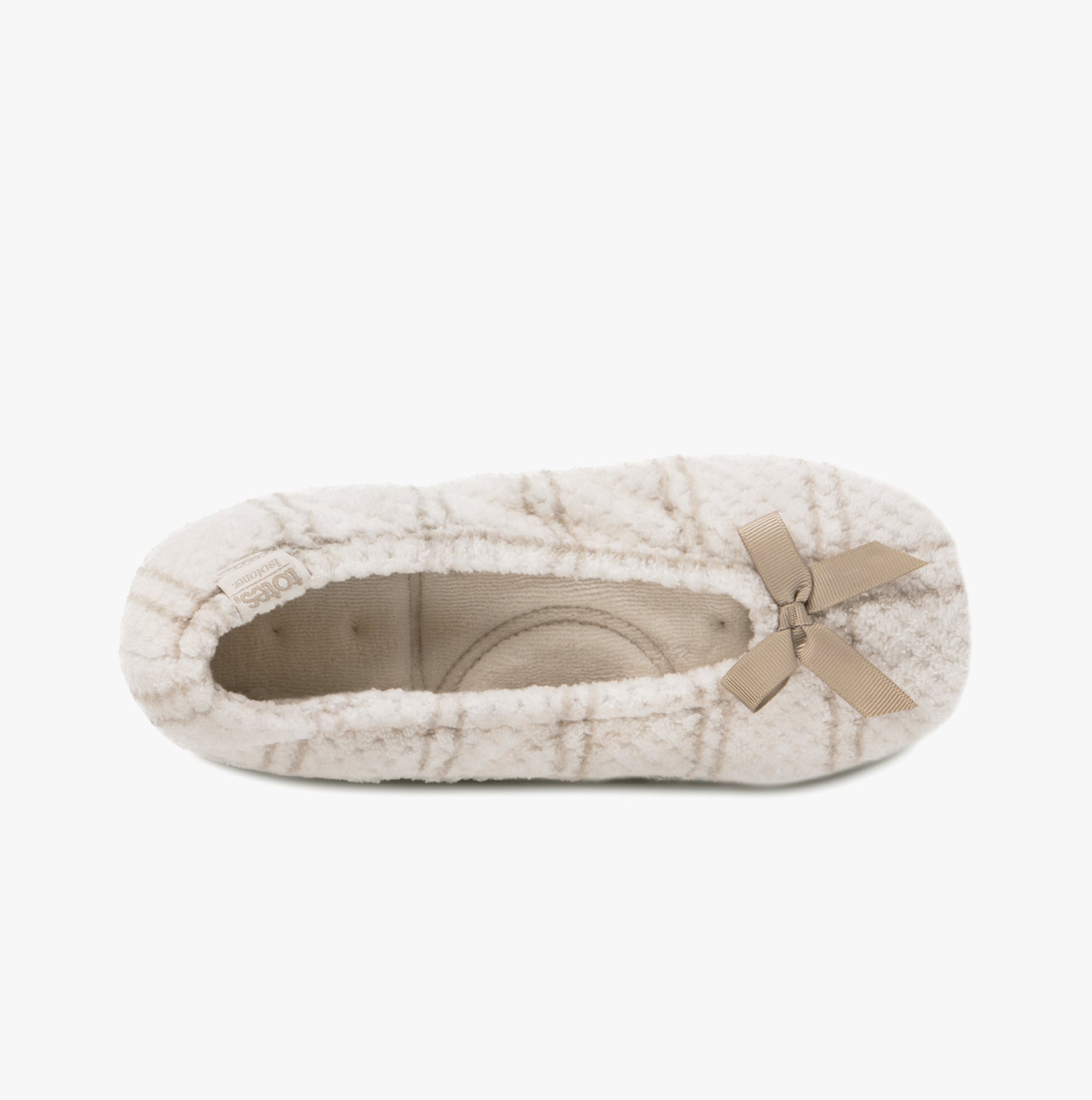 Totes Isotoner POPCORN BALLET Womens Ballerina Slippers Natural Check top view showing soft upper and decorative bow.