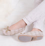 Totes Isotoner POPCORN BALLET Womens Ballerina Slippers Natural Check side view showcasing soft polyester upper and slip-resistant sole.
