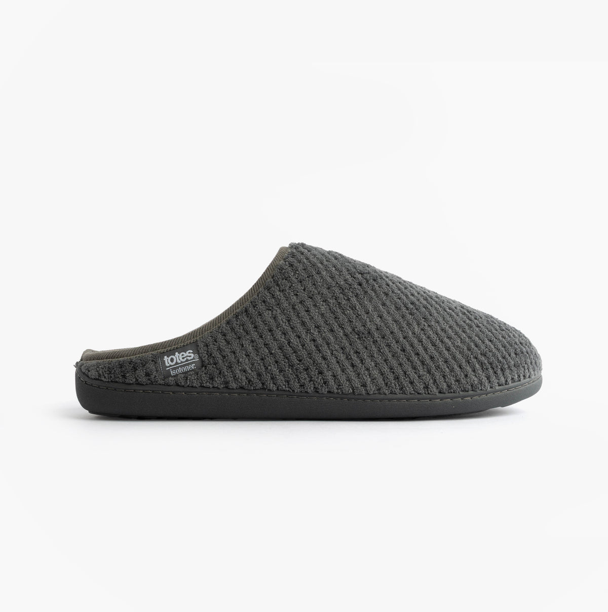 Totes Isotoner SWEPT BACK POPCORN MULE Mens Mule Slippers Grey side view showing textured upper and slip-on design.