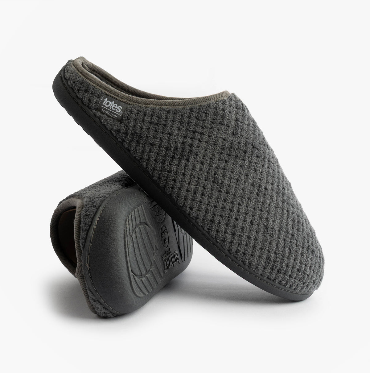 Totes Isotoner SWEPT BACK POPCORN MULE Mens Mule Slippers Grey side view and detail view of slippers with a textured upper.