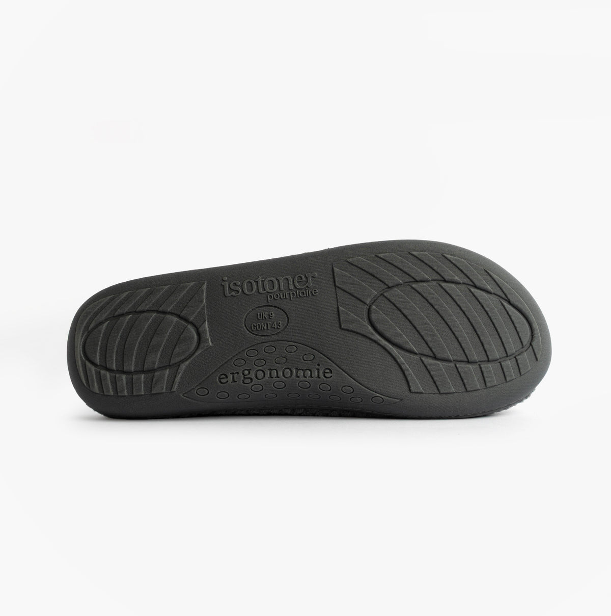 Totes Isotoner SWEPT BACK POPCORN MULE Mens Mule Slippers Grey, bottom view of TPR sole, ergonomic design with traction pattern.