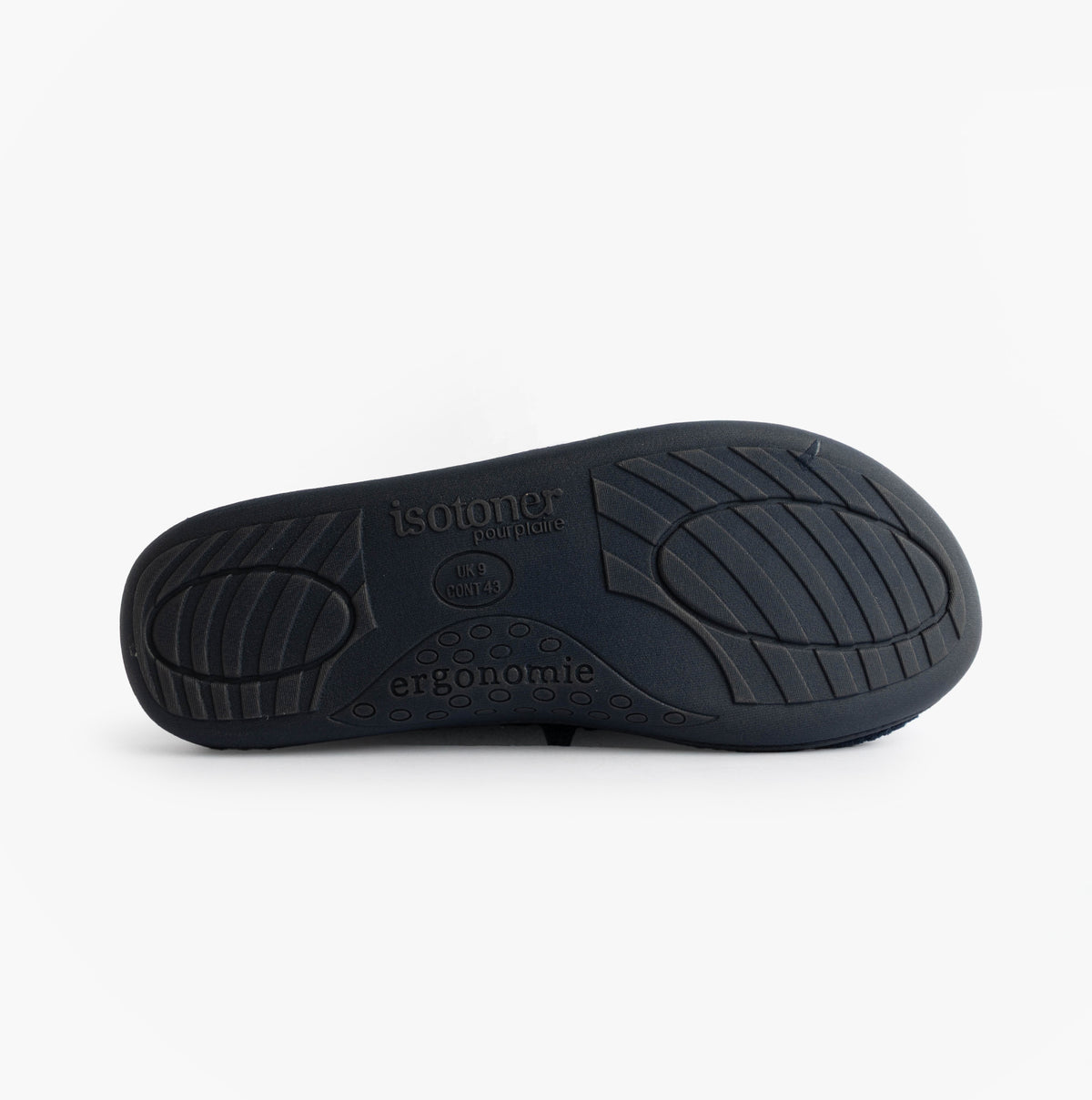 Totes Isotoner SWEPT BACK POPCORN MULE Mens Mule Slippers Navy bottom sole view with ergonomic design and grip pattern.