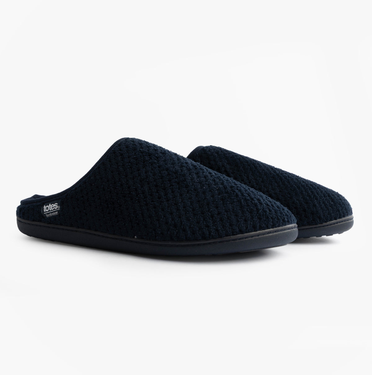 Totes Isotoner SWEPT BACK POPCORN MULE Mens Mule Slippers Navy side view highlighting comfort and textured upper.
