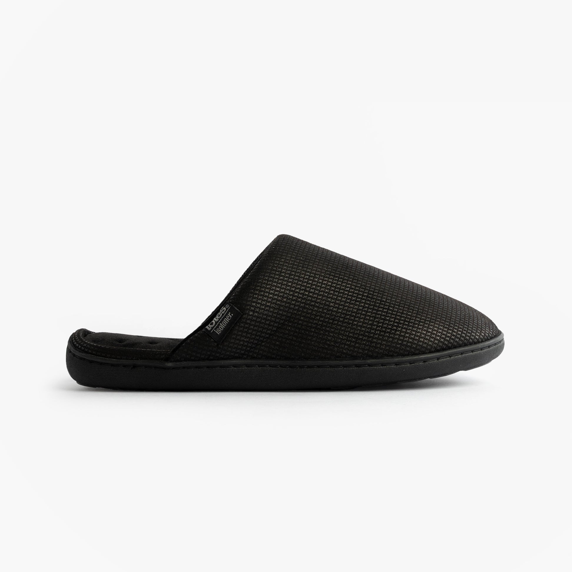 Totes Isotoner SQUARE PATTERNED SMART MULE Mens Mule Slippers Black side view showing textured upper design.
