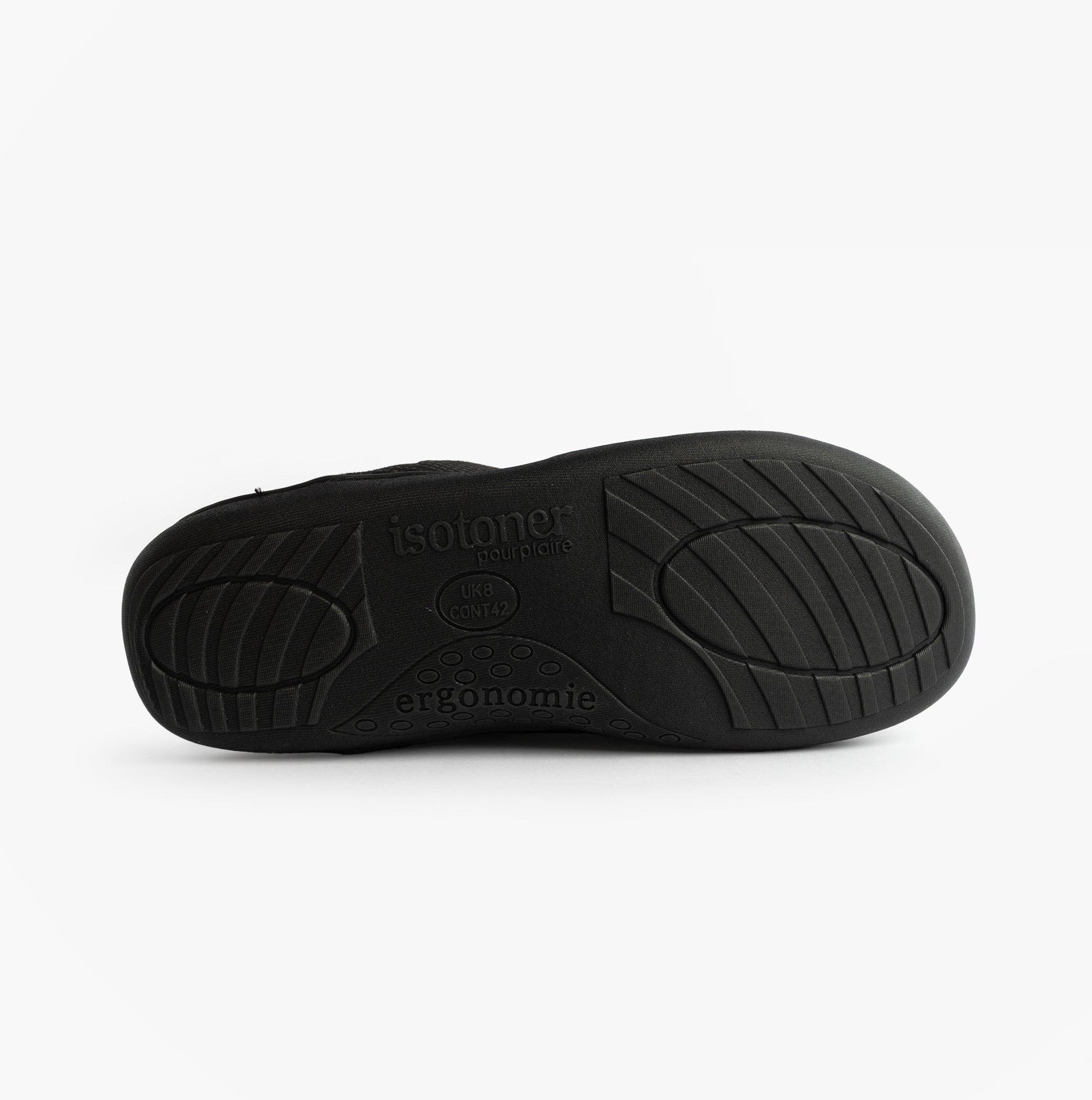 Totes Isotoner SQUARE PATTERNED SMART MULE Mens Mule Slippers Black bottom view with detailed tread pattern.