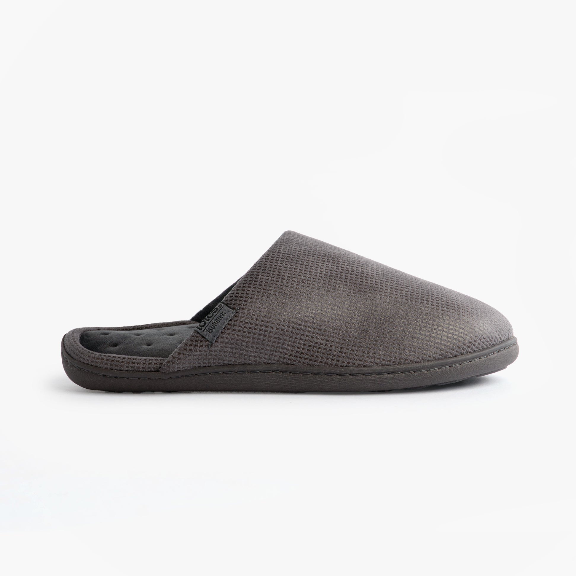 Totes Isotoner SQUARE PATTERNED SMART MULE Mens Mule Slippers Grey side view showing textured design and slip-on style.