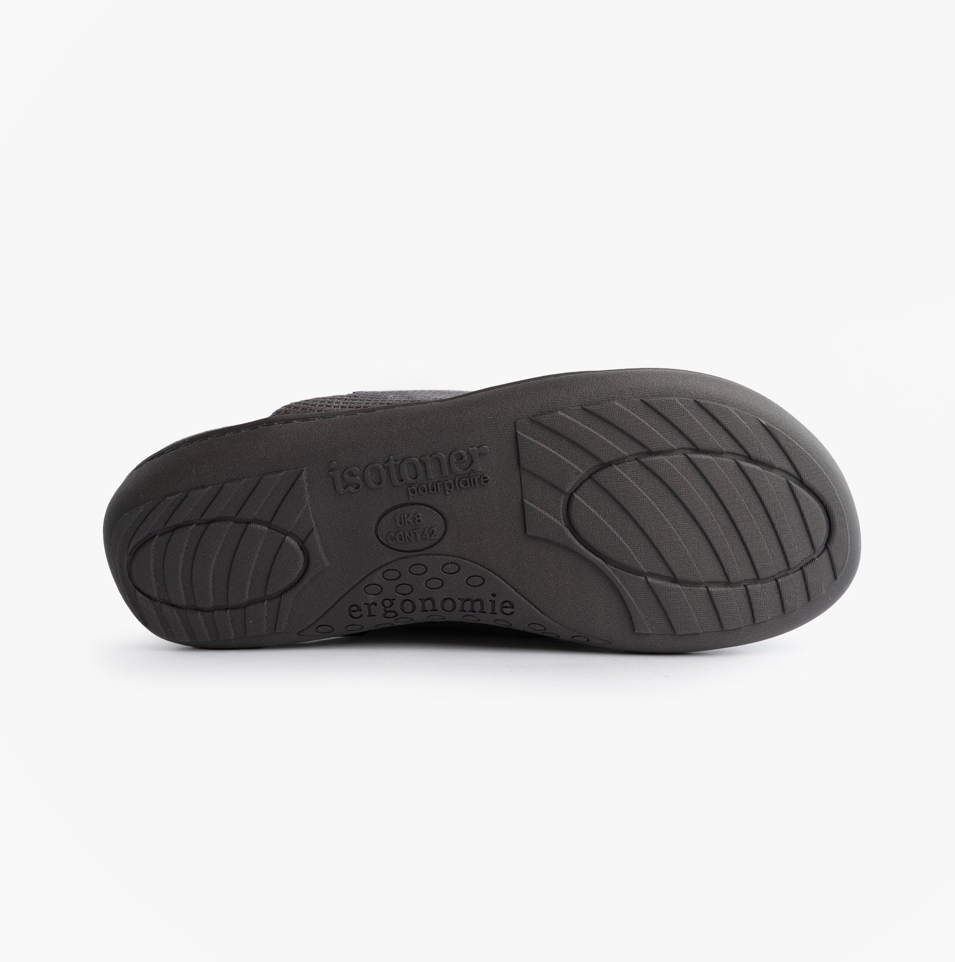 Totes Isotoner SQUARE PATTERNED SMART MULE Mens Mule Slippers Grey bottom view showcasing the sole design.