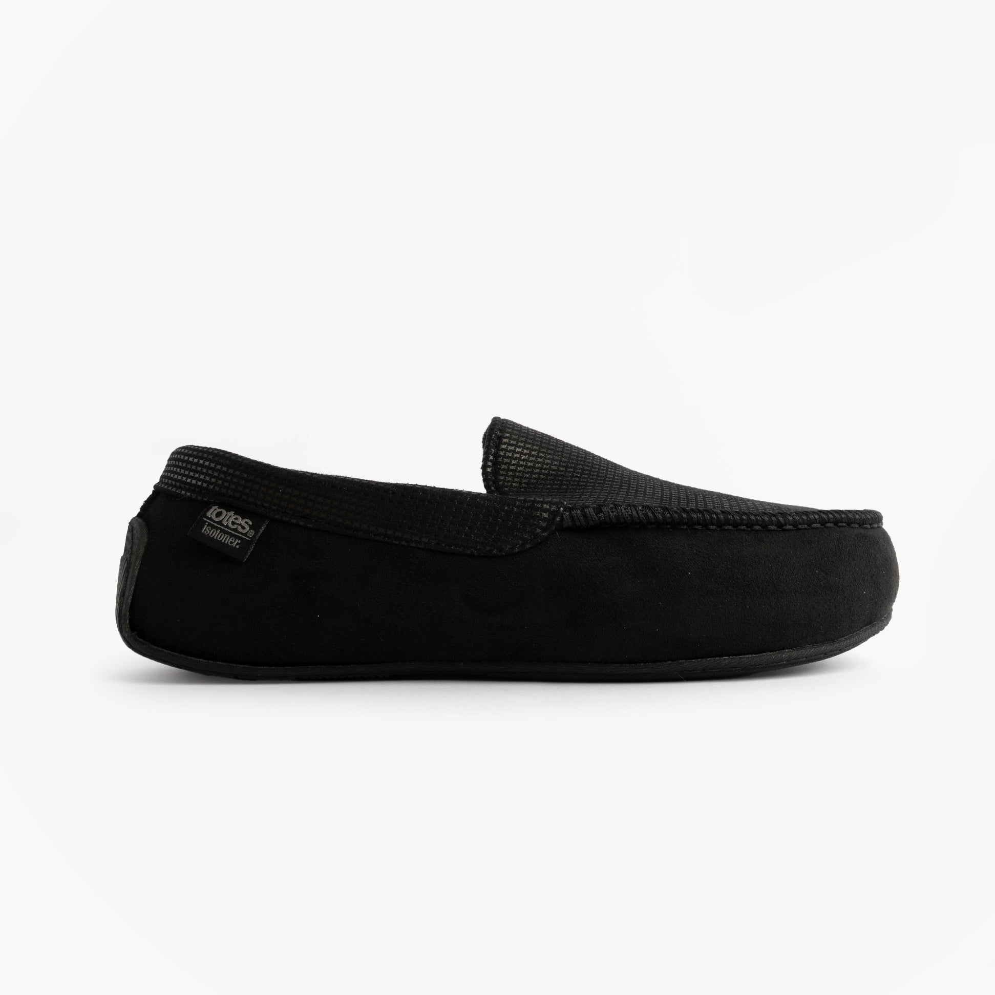 Totes Isotoner SQUARE PATTERNED SMART MOCCASIN Mens Moccasin Slippers Black side view, featuring a low top design and comfortable slip-on style.